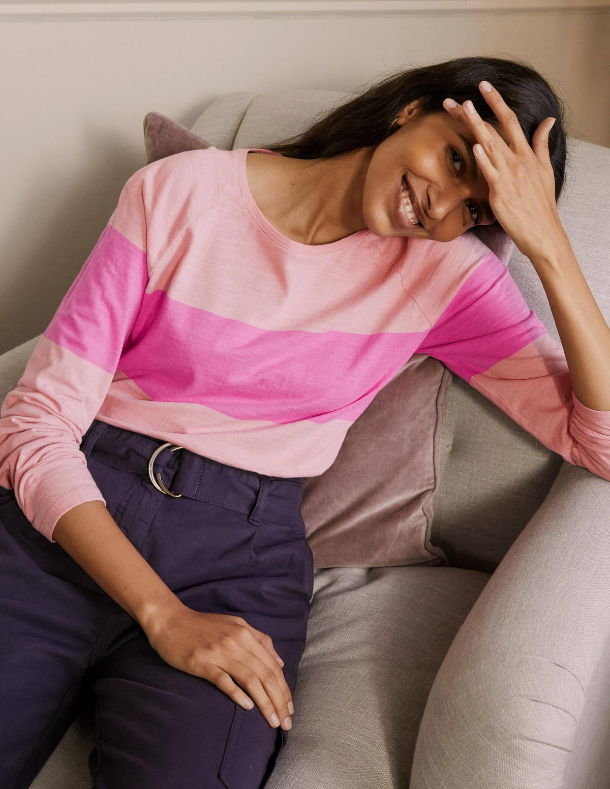 Lorna Baseball Jersey Top-Milkshake, Pink Stripe - Image 1