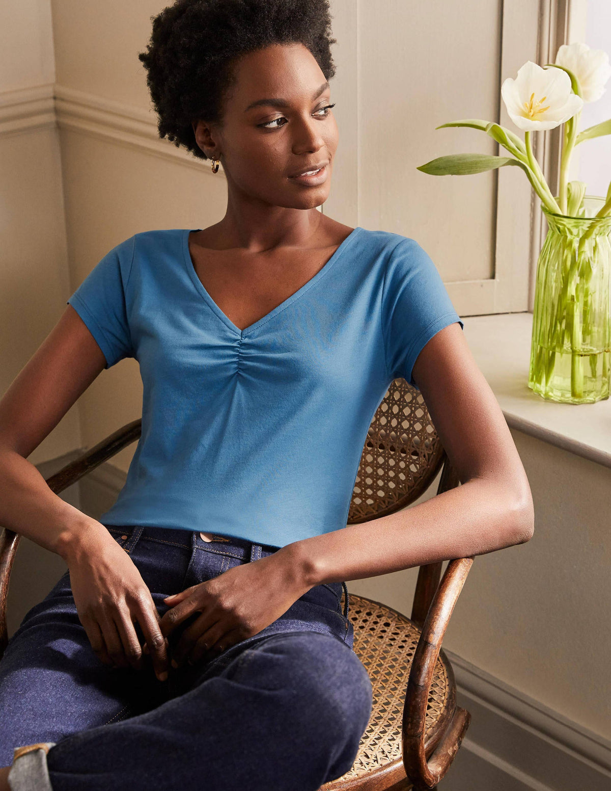 Supersoft Ruched V-Neck Top-Azure - Image 1