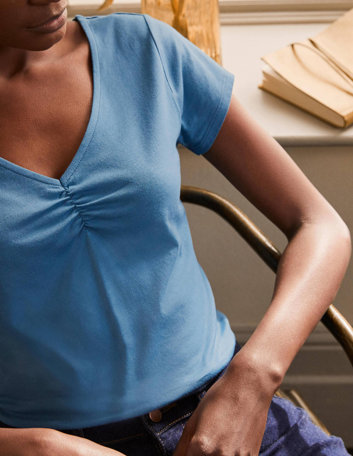Supersoft Ruched V-Neck Top-Azure - Image 2