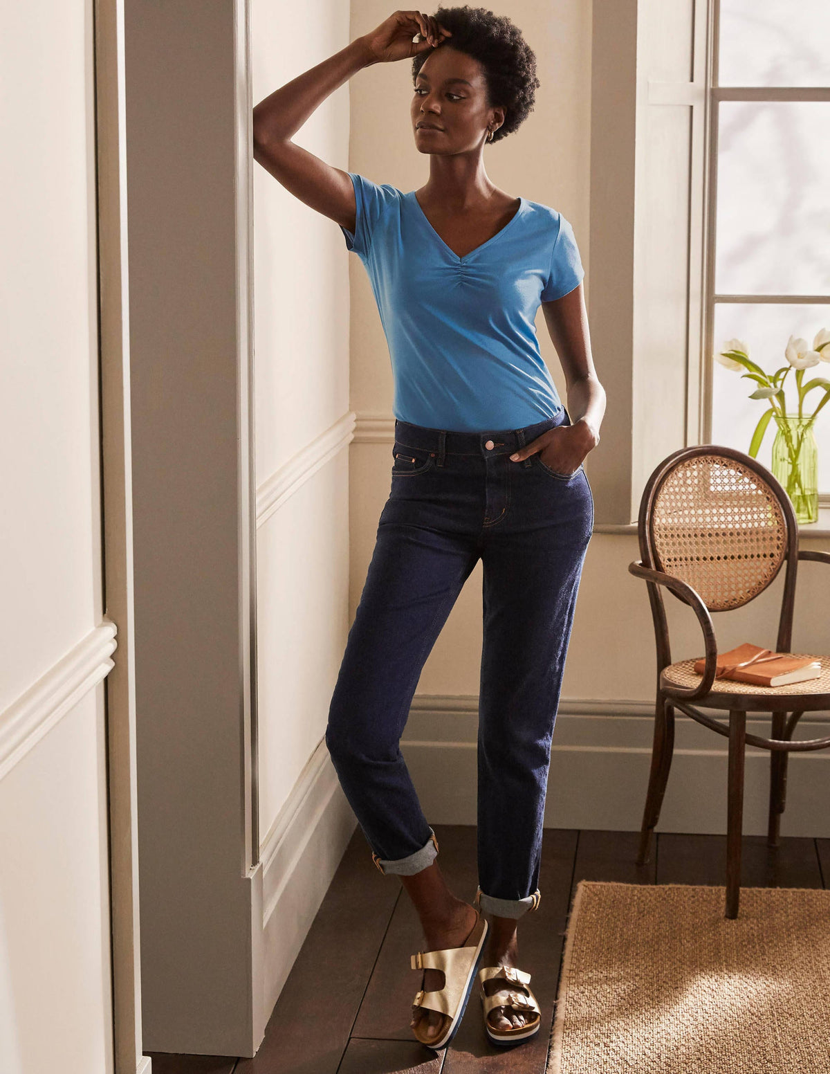 Supersoft Ruched V-Neck Top-Azure - Image 4