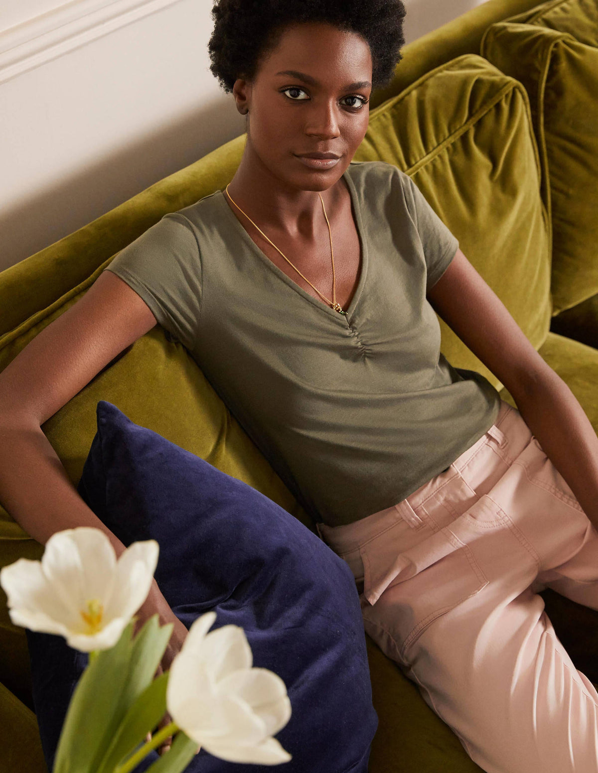 Supersoft Ruched V-Neck Top-Classic Khaki - Image 1