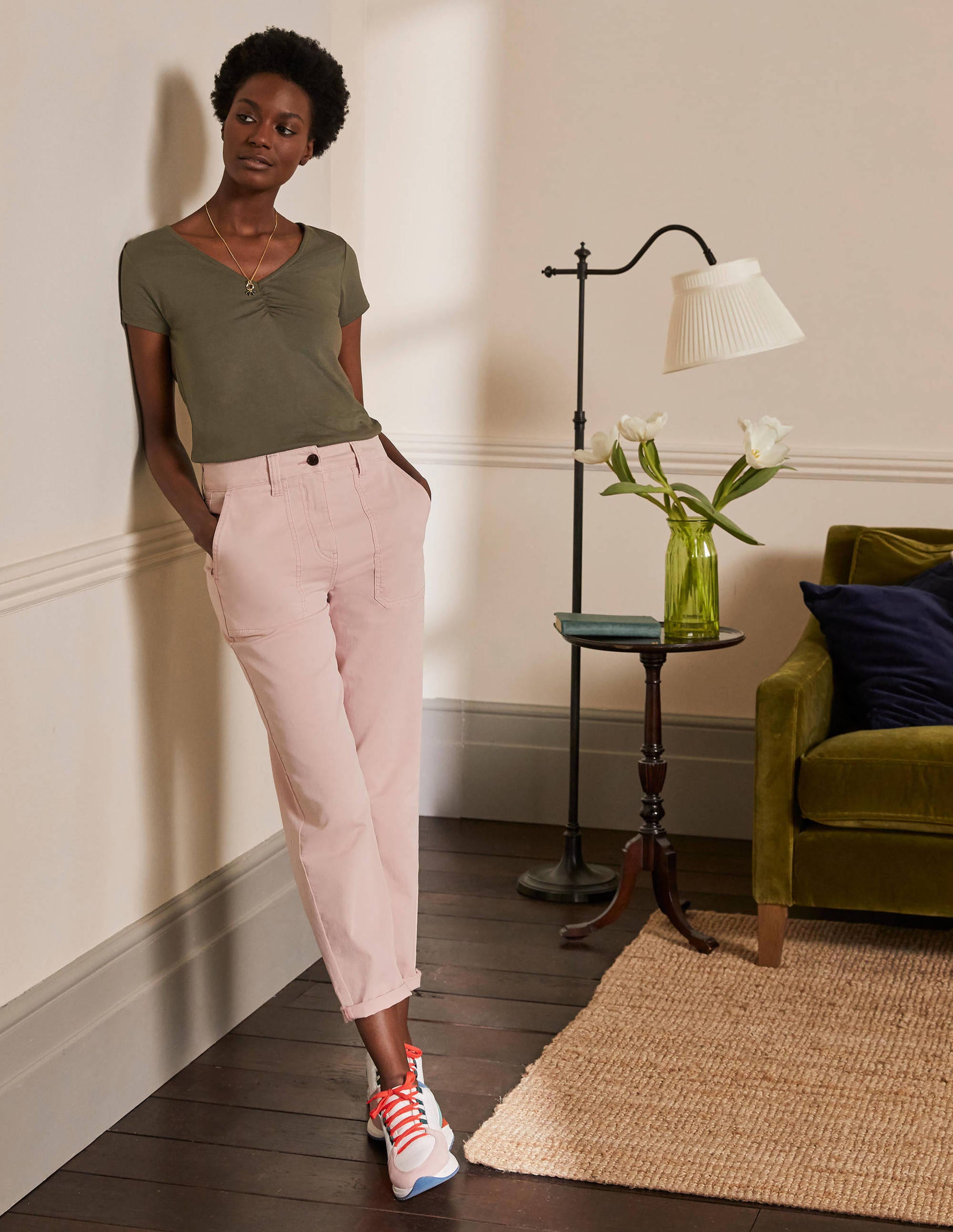 Supersoft Ruched V-Neck Top-Classic Khaki - Image 4