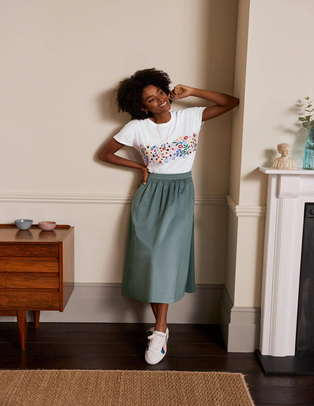 Lena Embroidered Jersey Tee-White, Multi Floral Embroidery-1