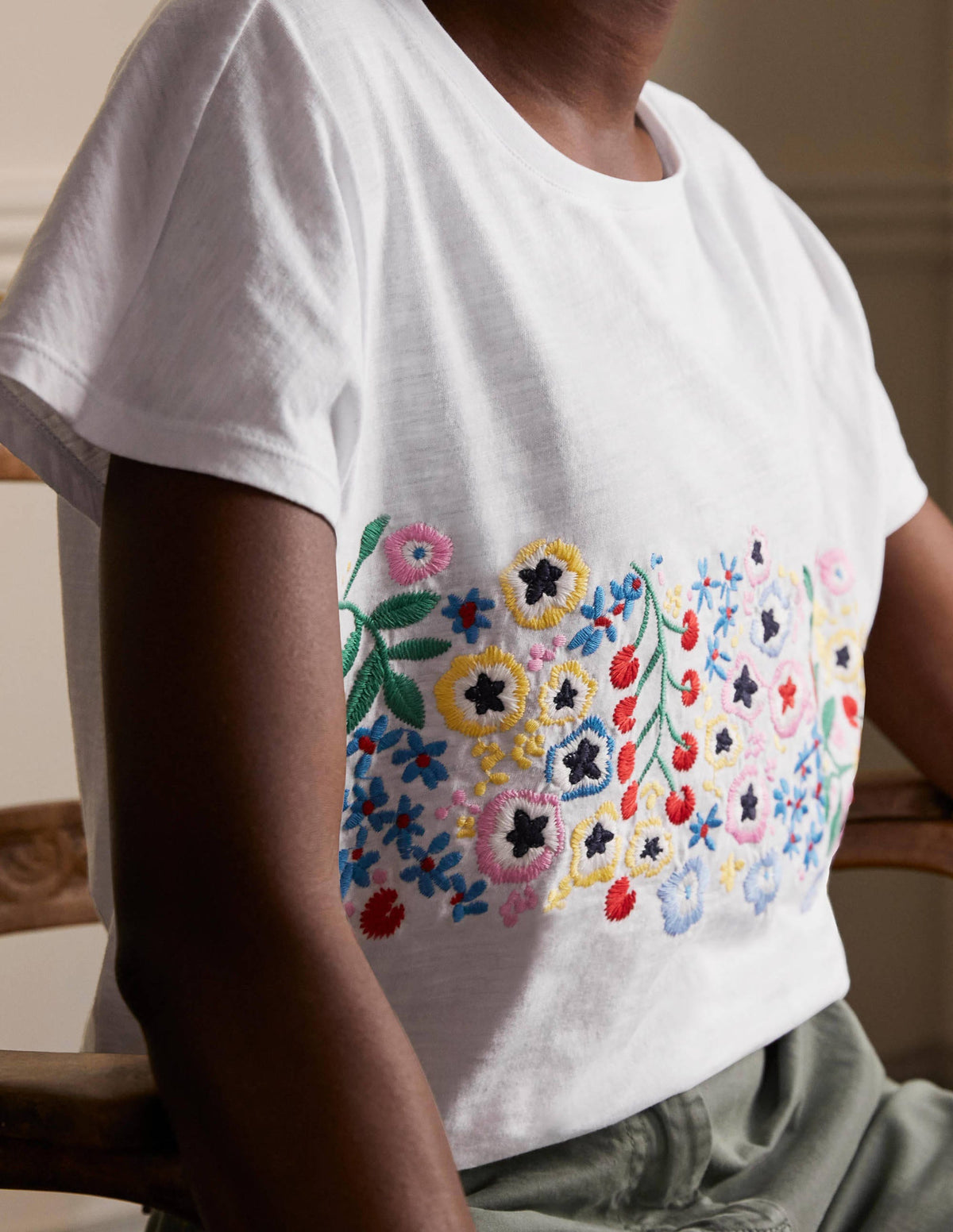 Lena Embroidered Jersey Tee-White, Multi Floral Embroidery - Image 3
