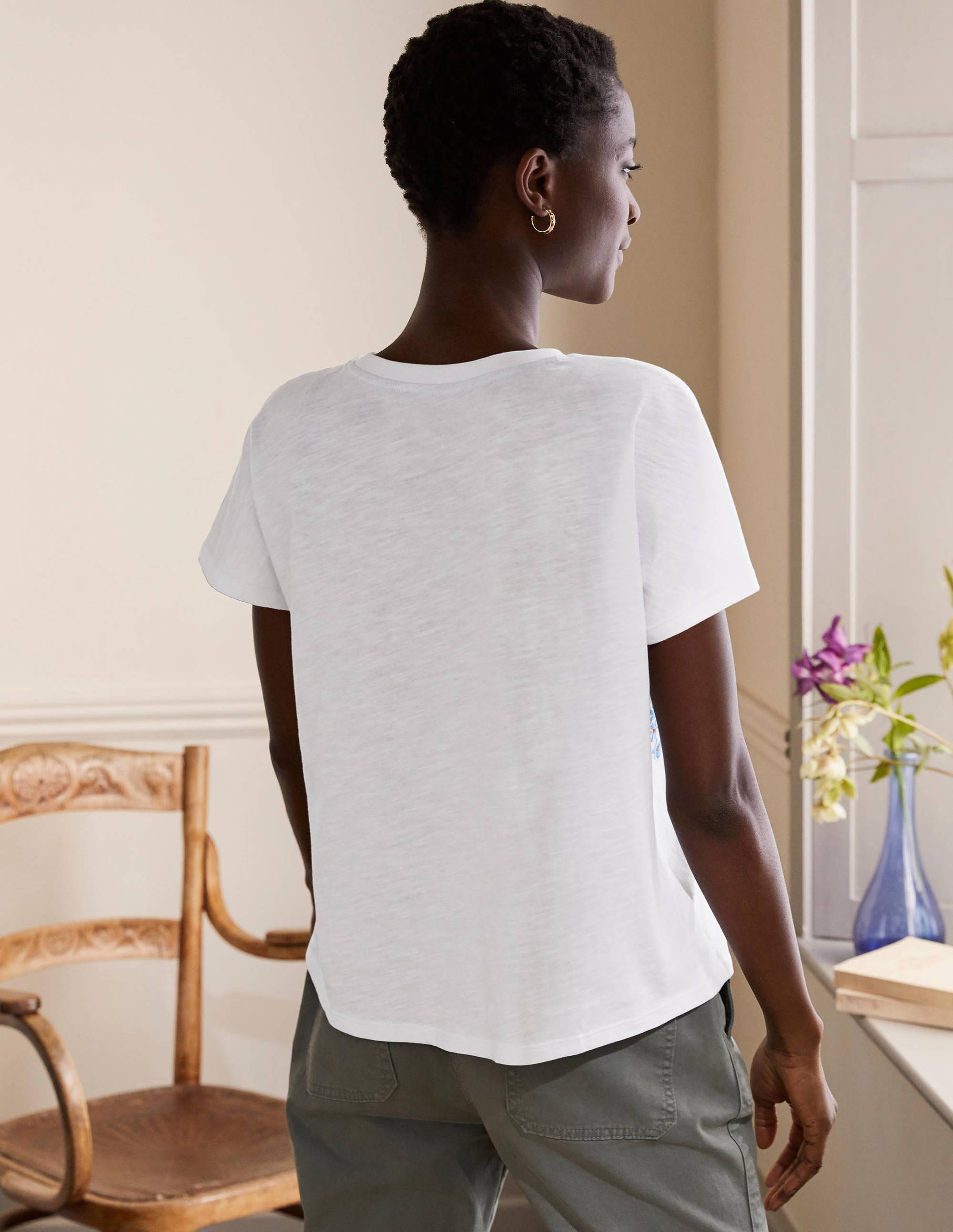 Lena Embroidered Jersey Tee-White, Multi Floral Embroidery - Image 4