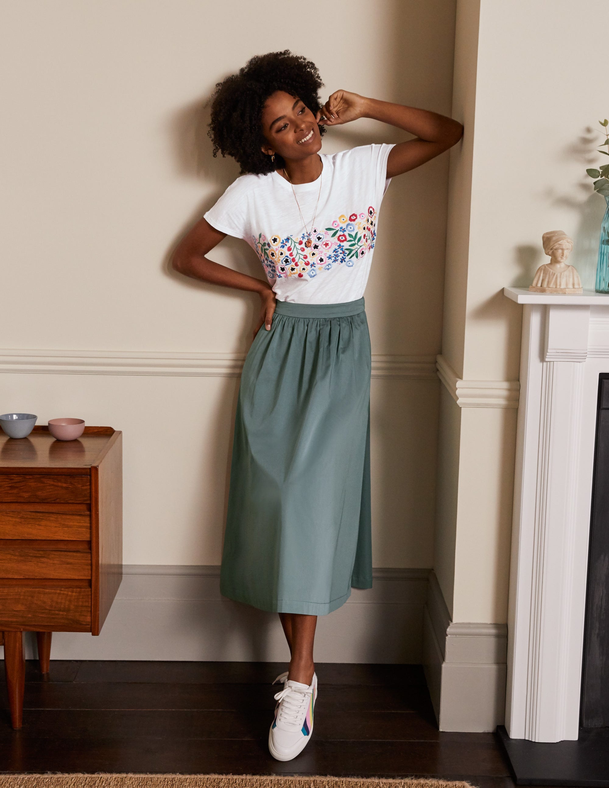 Lena Embroidered Jersey Tee-White, Multi Floral Embroidery - Image 5