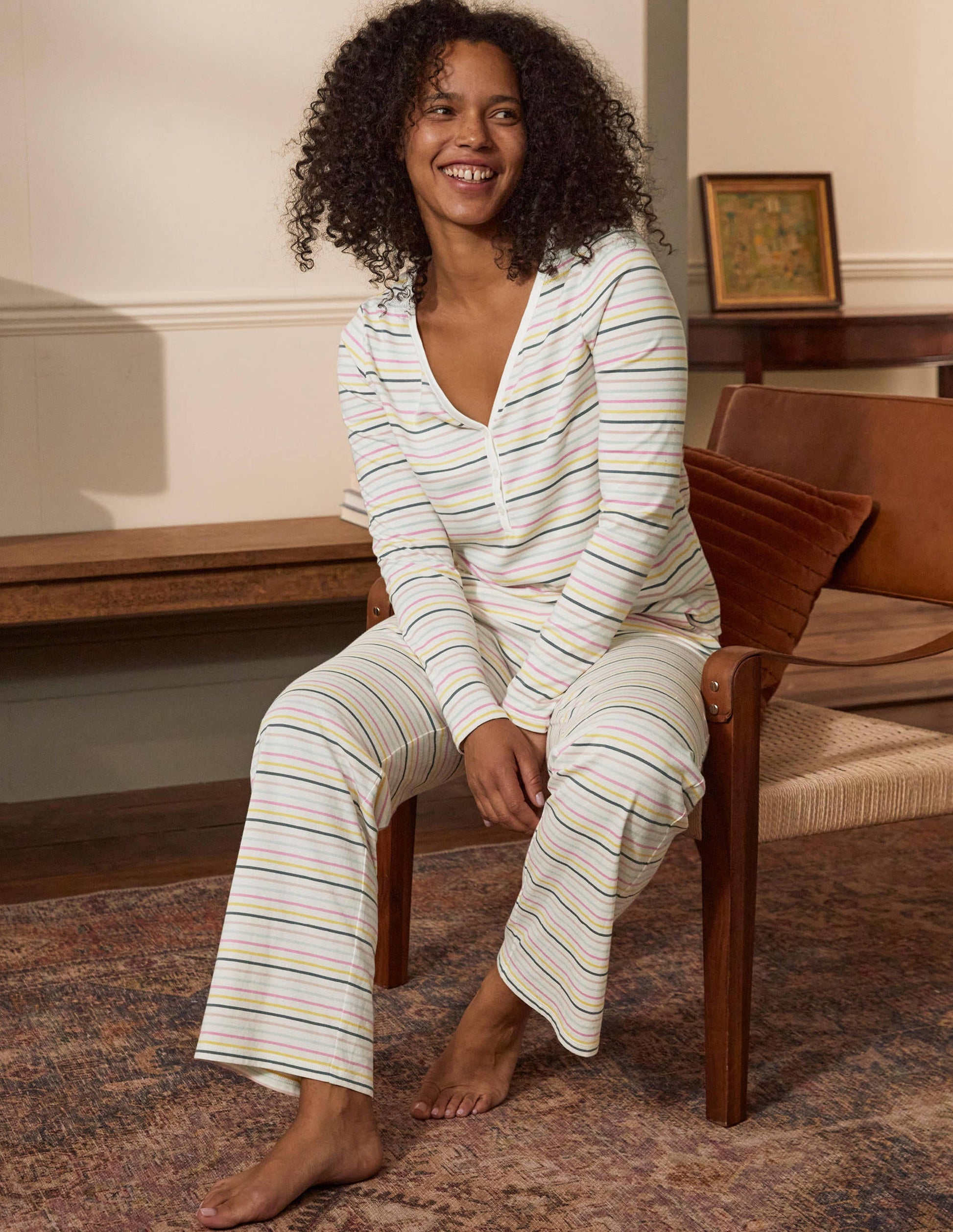 Emma Pyjama Bottoms-Pale Lemon and Heath Stripe-2