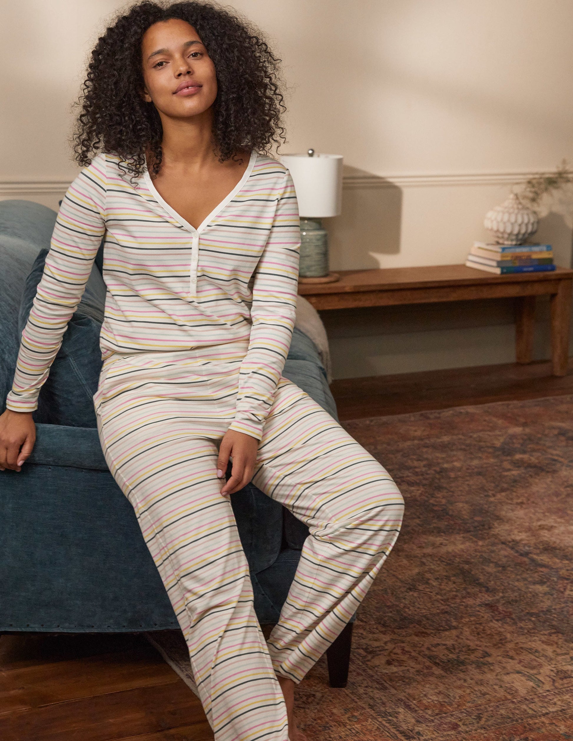 Emma Pyjama Bottoms-Pale Lemon and Heath Stripe-5