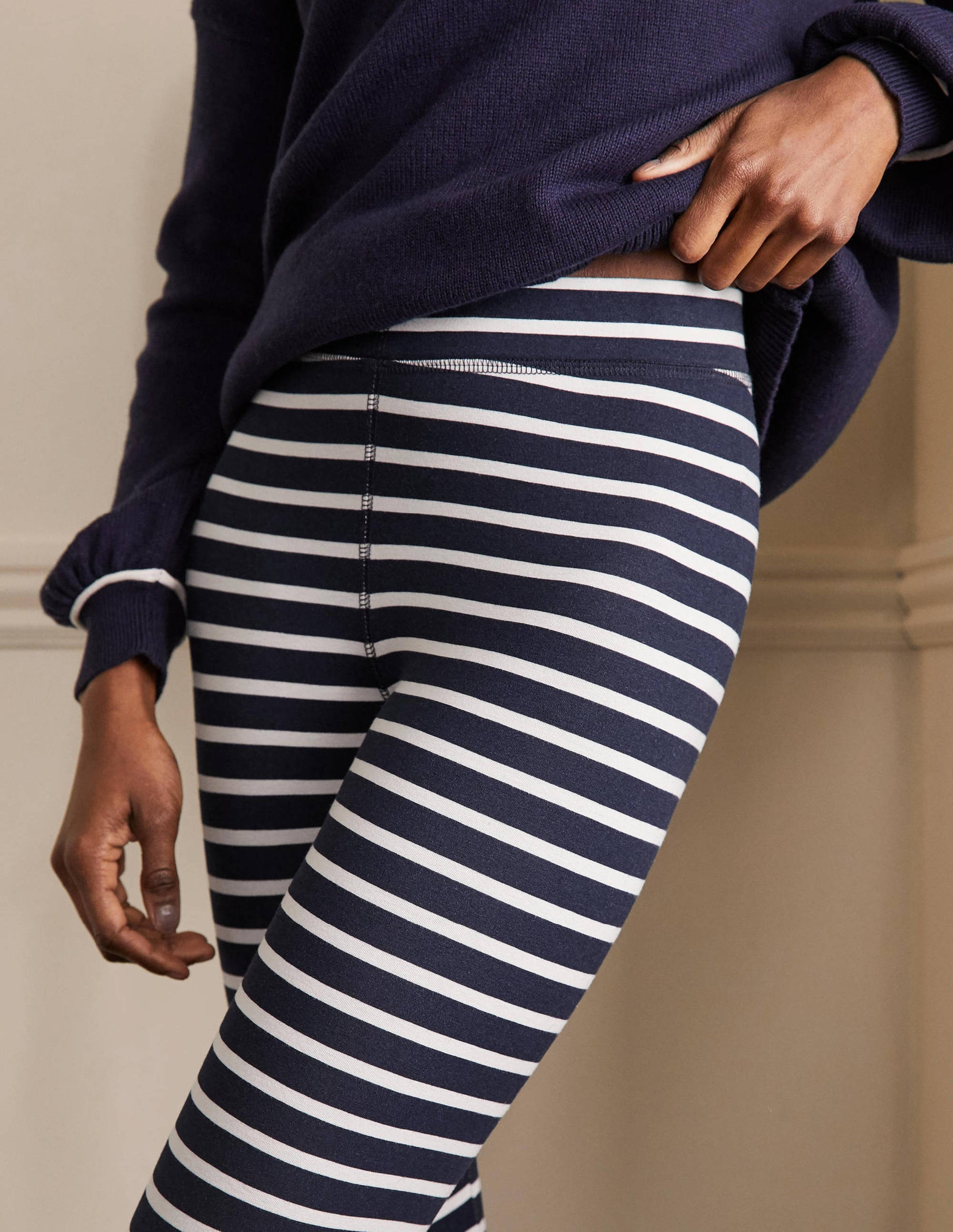 High Rise Jersey Leggings-Navy/Ivory-2
