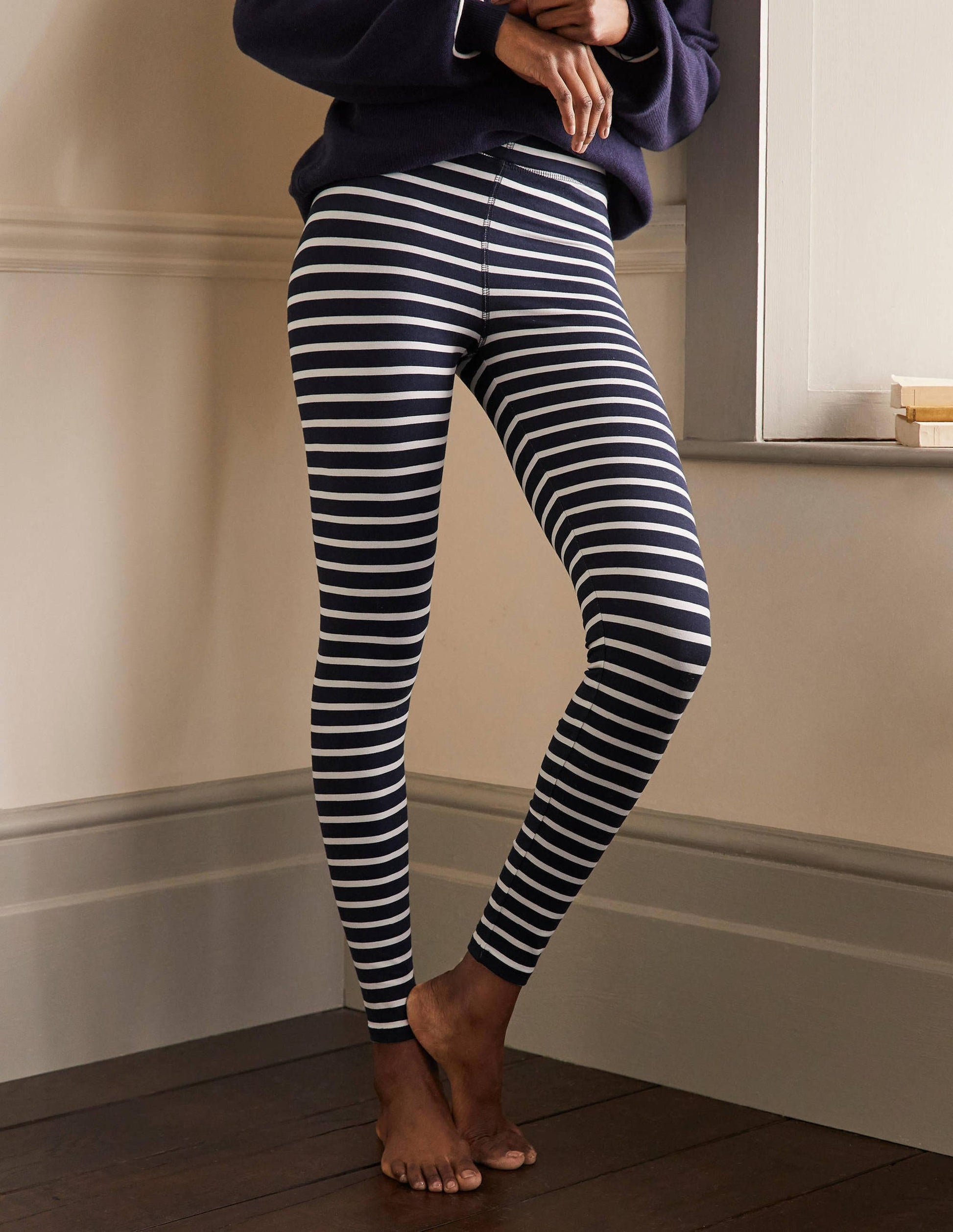 High Rise Jersey Leggings-Navy/Ivory-4
