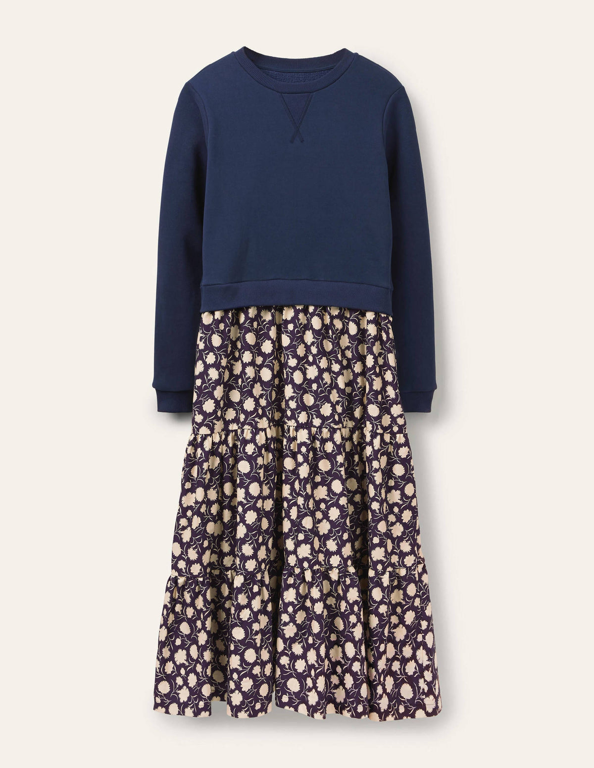 Woven Mix Tiered Dress-French Navy, Leafy Bud - Image 5
