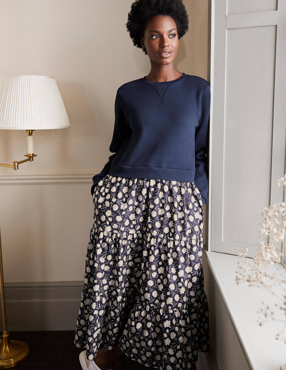 Woven Mix Tiered Dress-French Navy, Leafy Bud-4