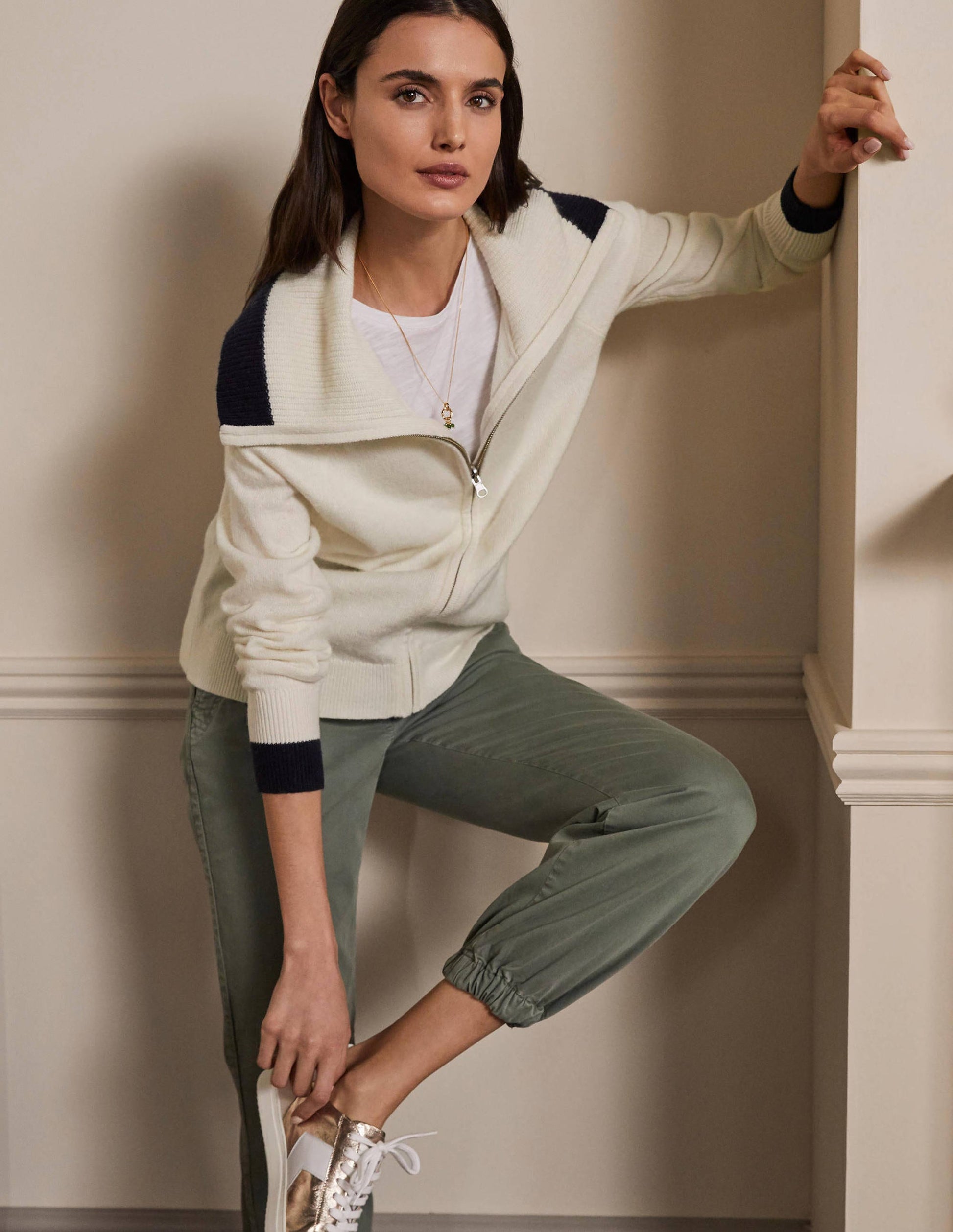 Collared Zip-up Cardigan-Ivory-1
