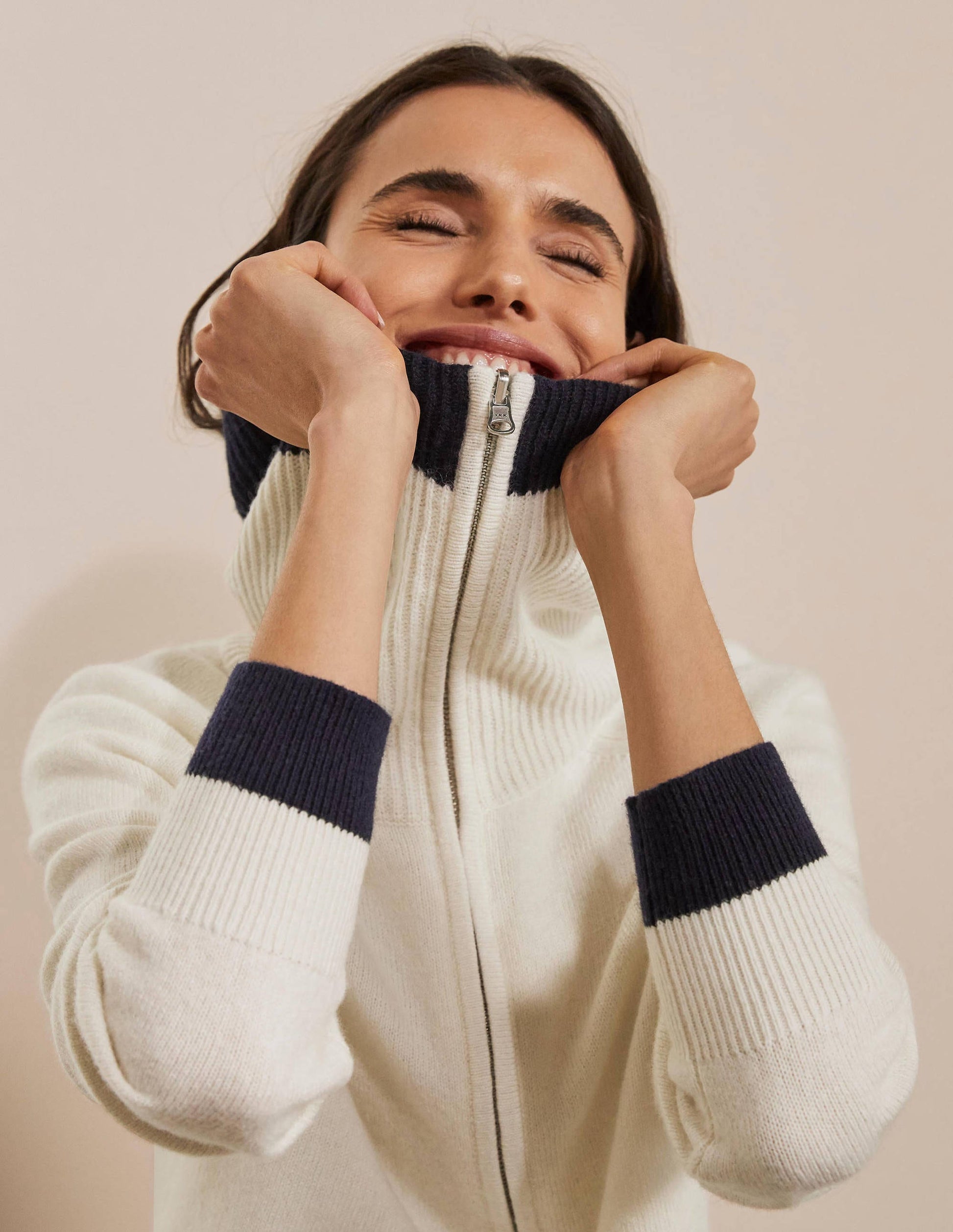 Collared Zip-up Cardigan-Ivory-2