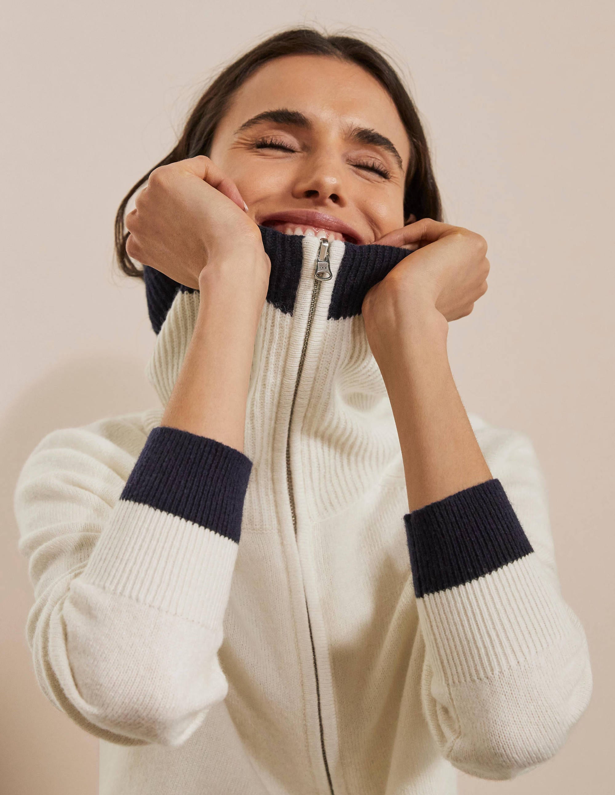 Collared Zip-up Cardigan-Ivory - Image 2