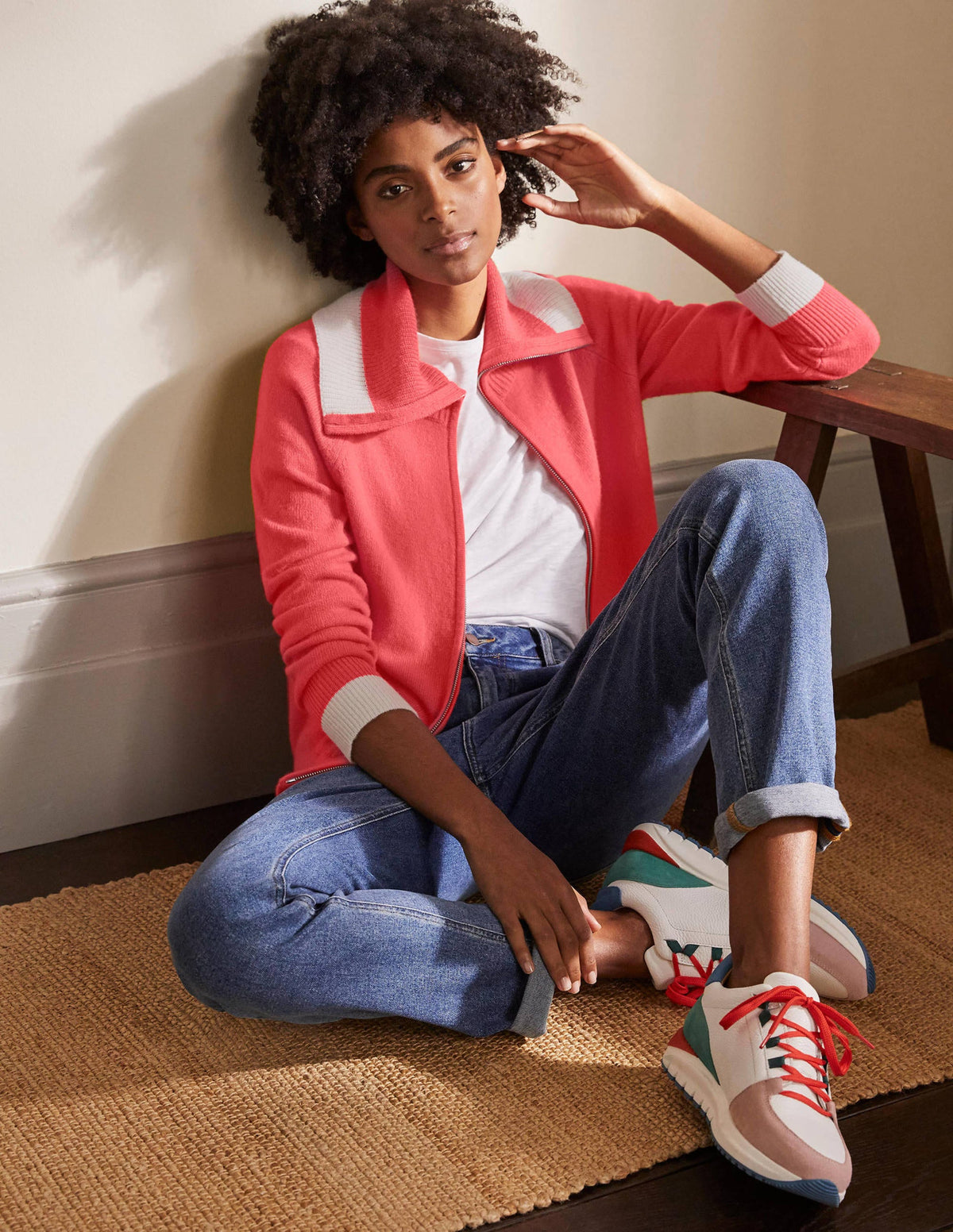 Collared Zip-up Cardigan-Cherry Red-1