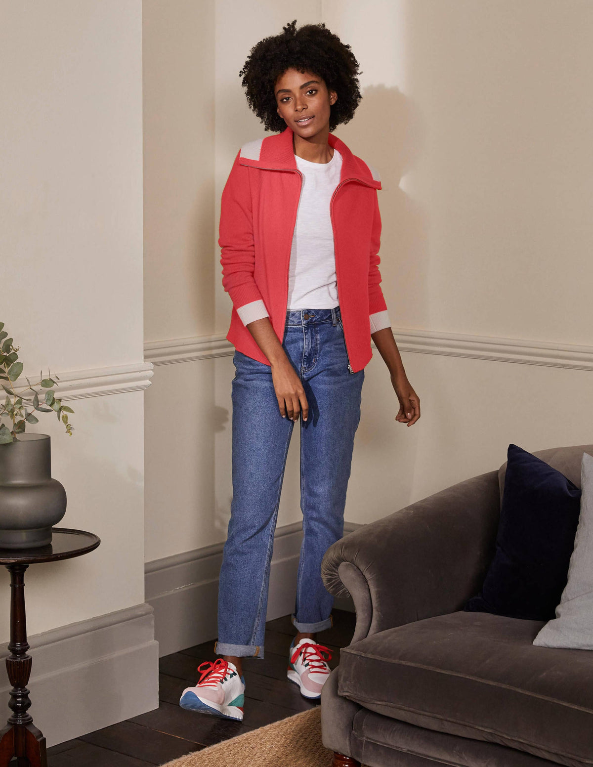 Collared Zip-up Cardigan-Cherry Red-4