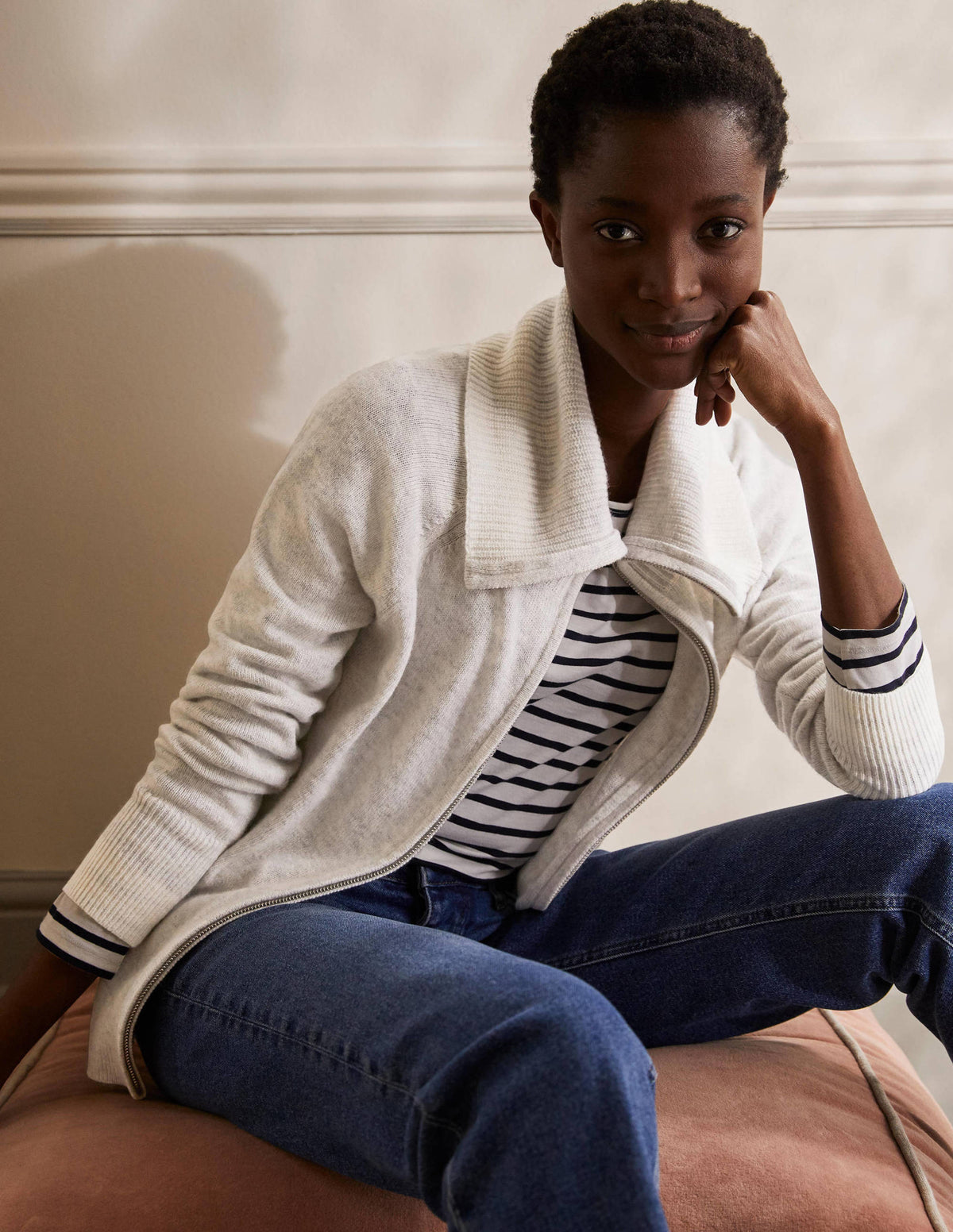 Collared Zip-up Cardigan-Silver Melange - Image 1