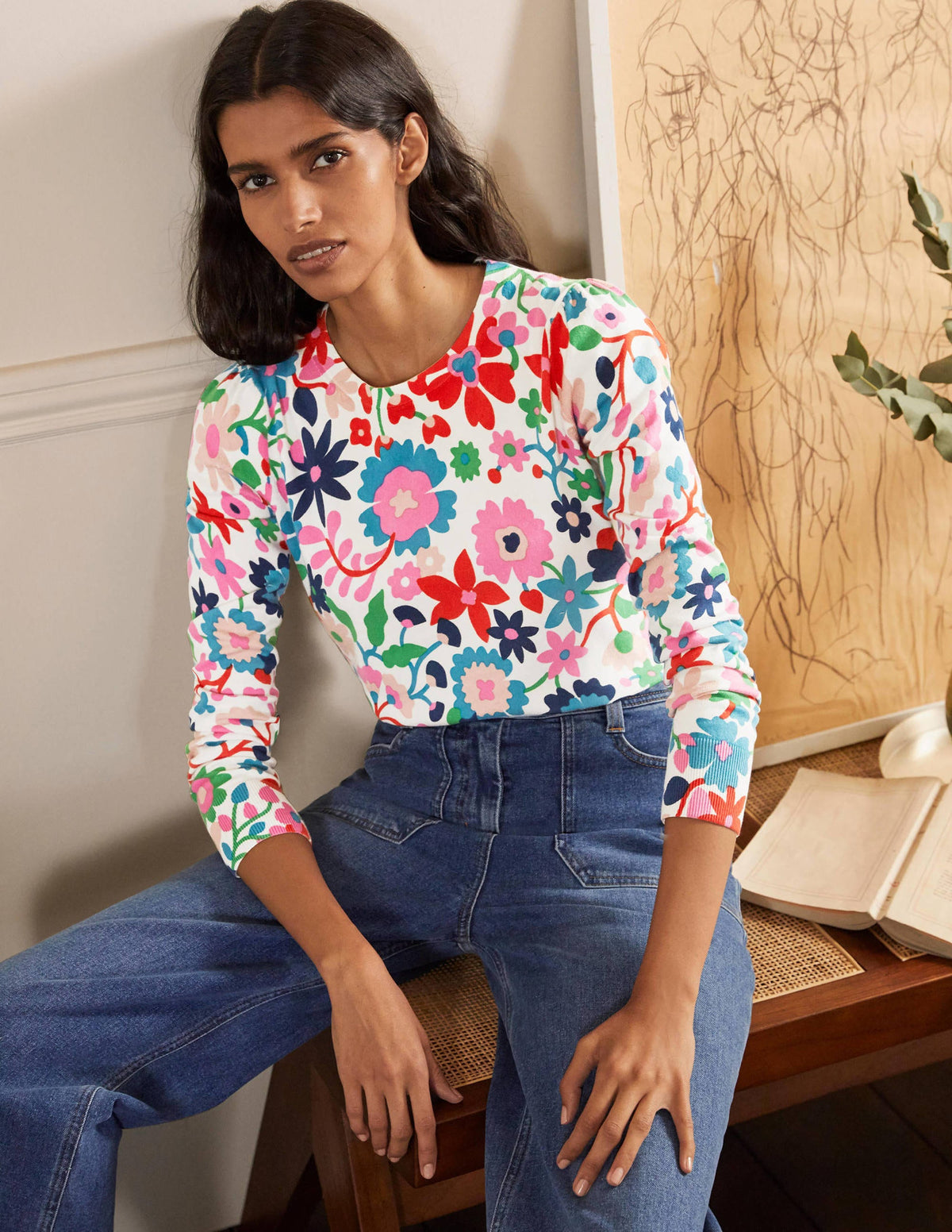 Cotton Crew Neck Jumper-Ivory, Prairie Floral - Image 1