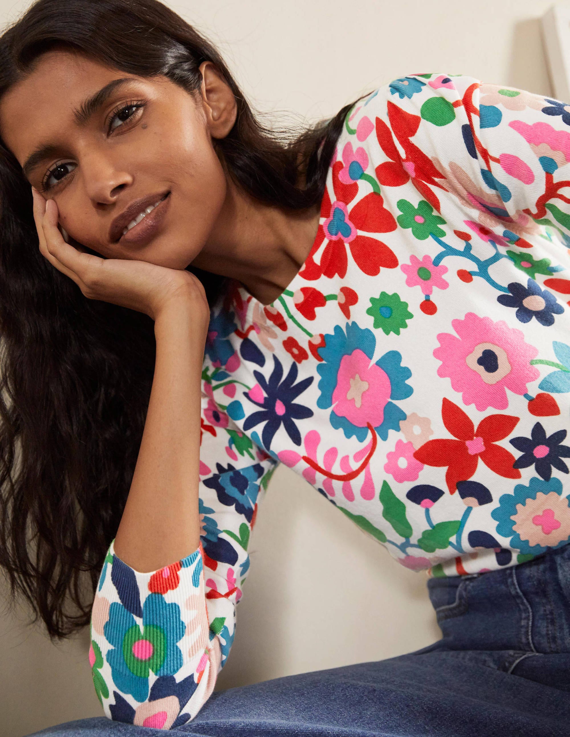 Cotton Crew Neck Jumper-Ivory, Prairie Floral - Image 2