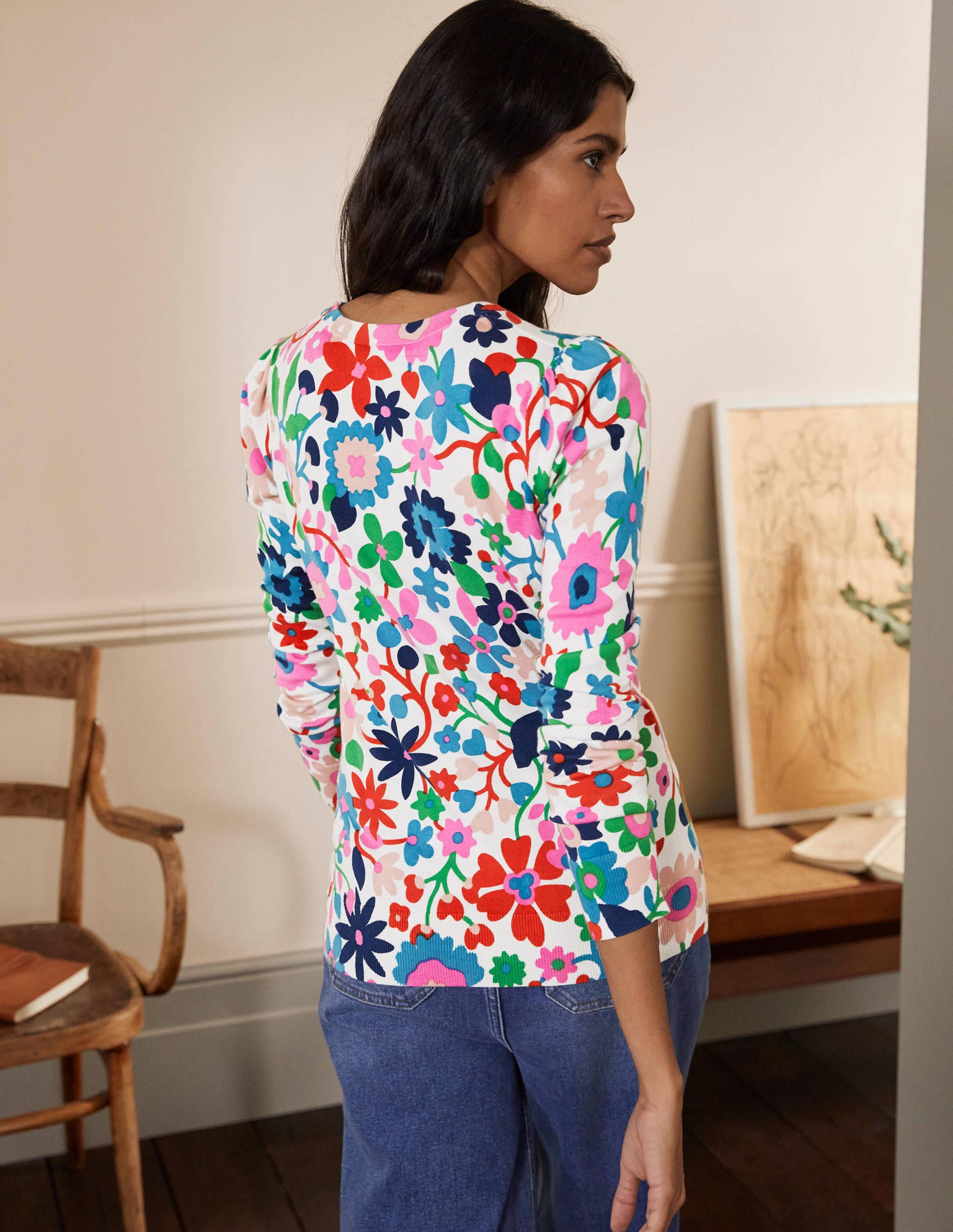 Cotton Crew Neck Jumper-Ivory, Prairie Floral - Image 3