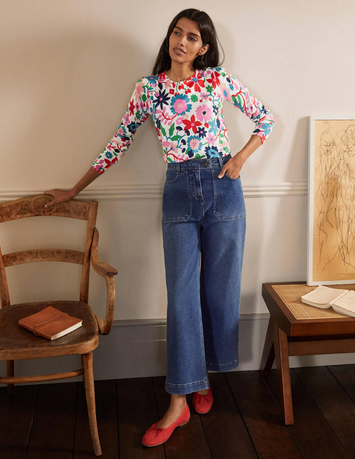 Cotton Crew Neck Jumper-Ivory, Prairie Floral - Image 4