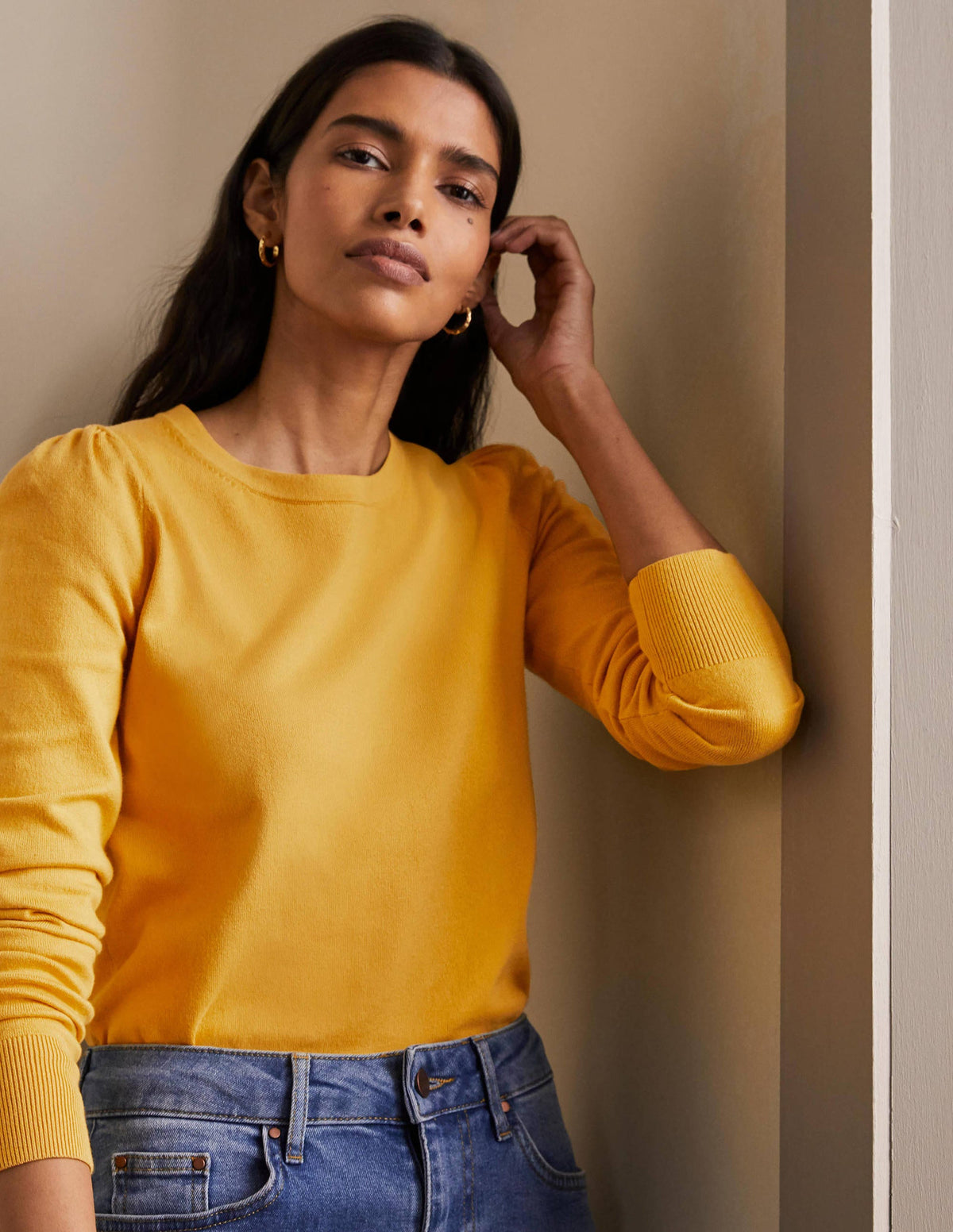 Cotton Crew Neck Jumper-Honey Gold - Image 1