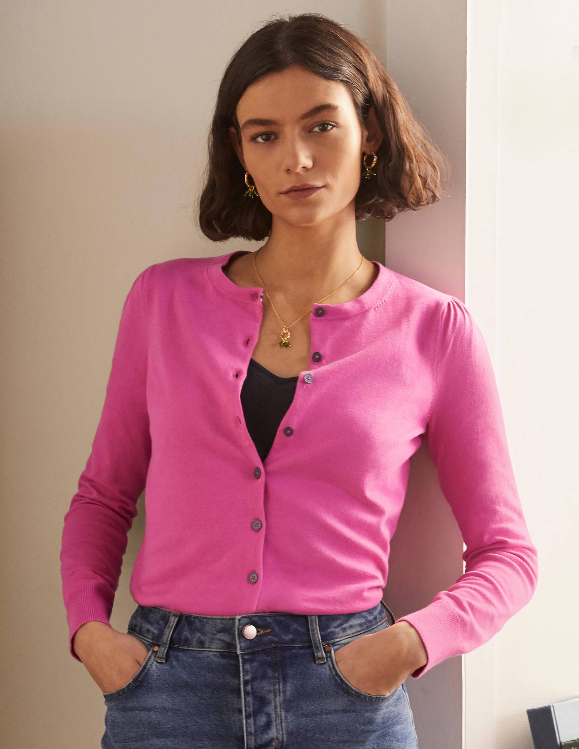 Cotton Crew Neck Cardigan-Candy Pink - Image 1