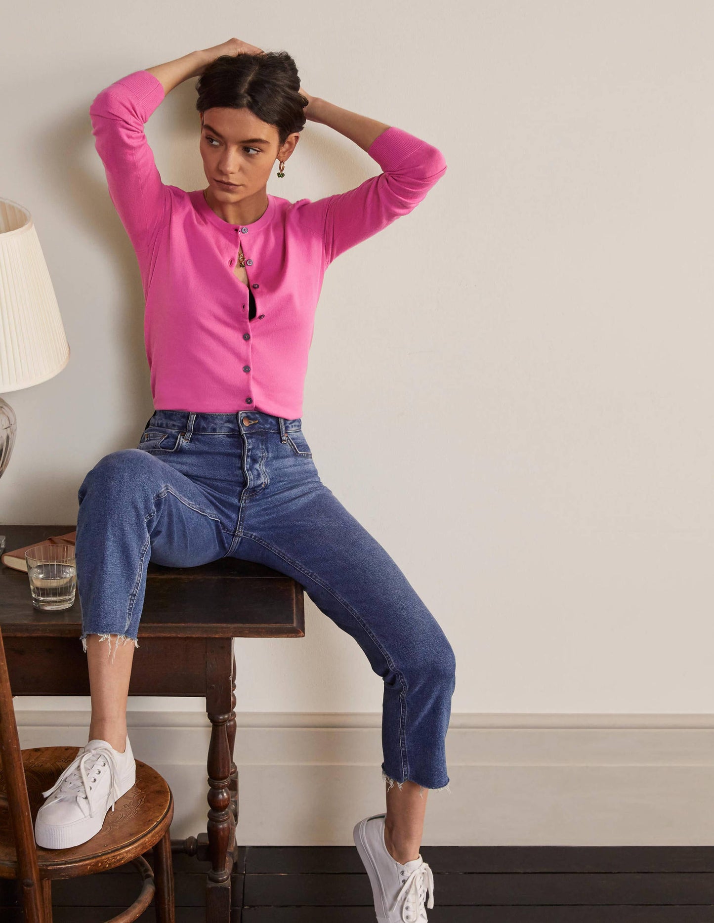 Cotton Crew Neck Cardigan-Candy Pink