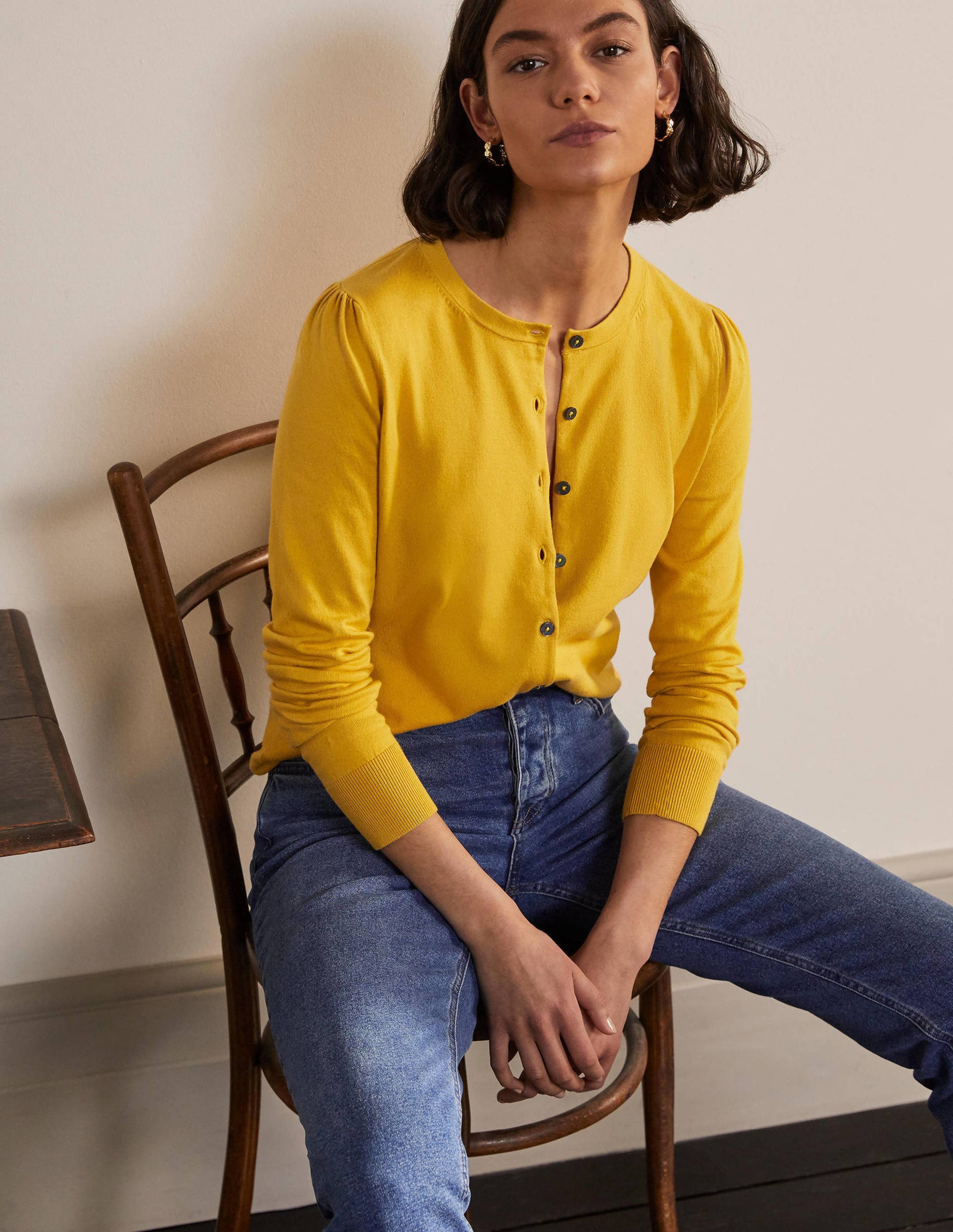 Cotton Crew Neck Cardigan-Honey Gold-1