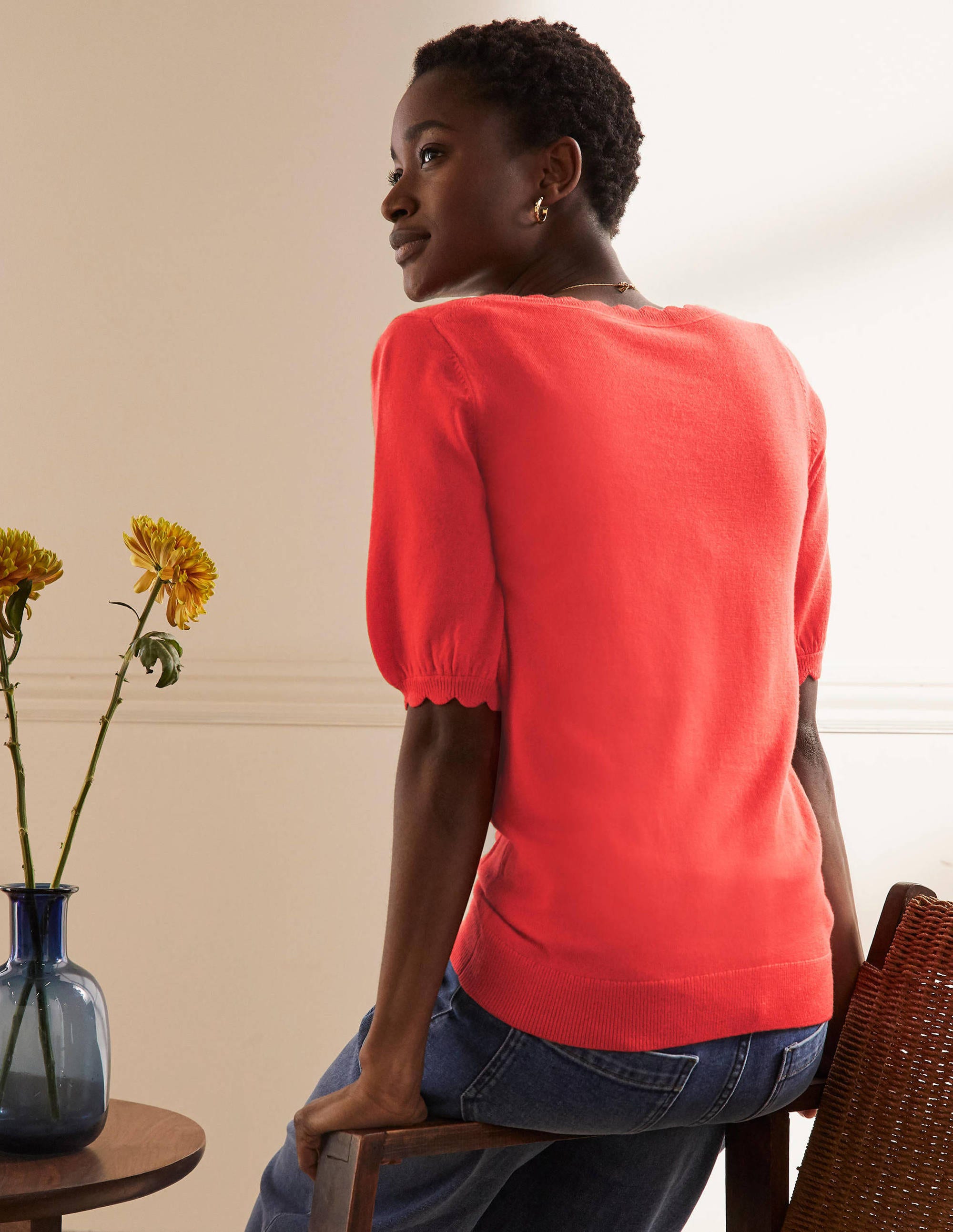 Merino Scallop Knitted Top-Cherry Red - Image 3