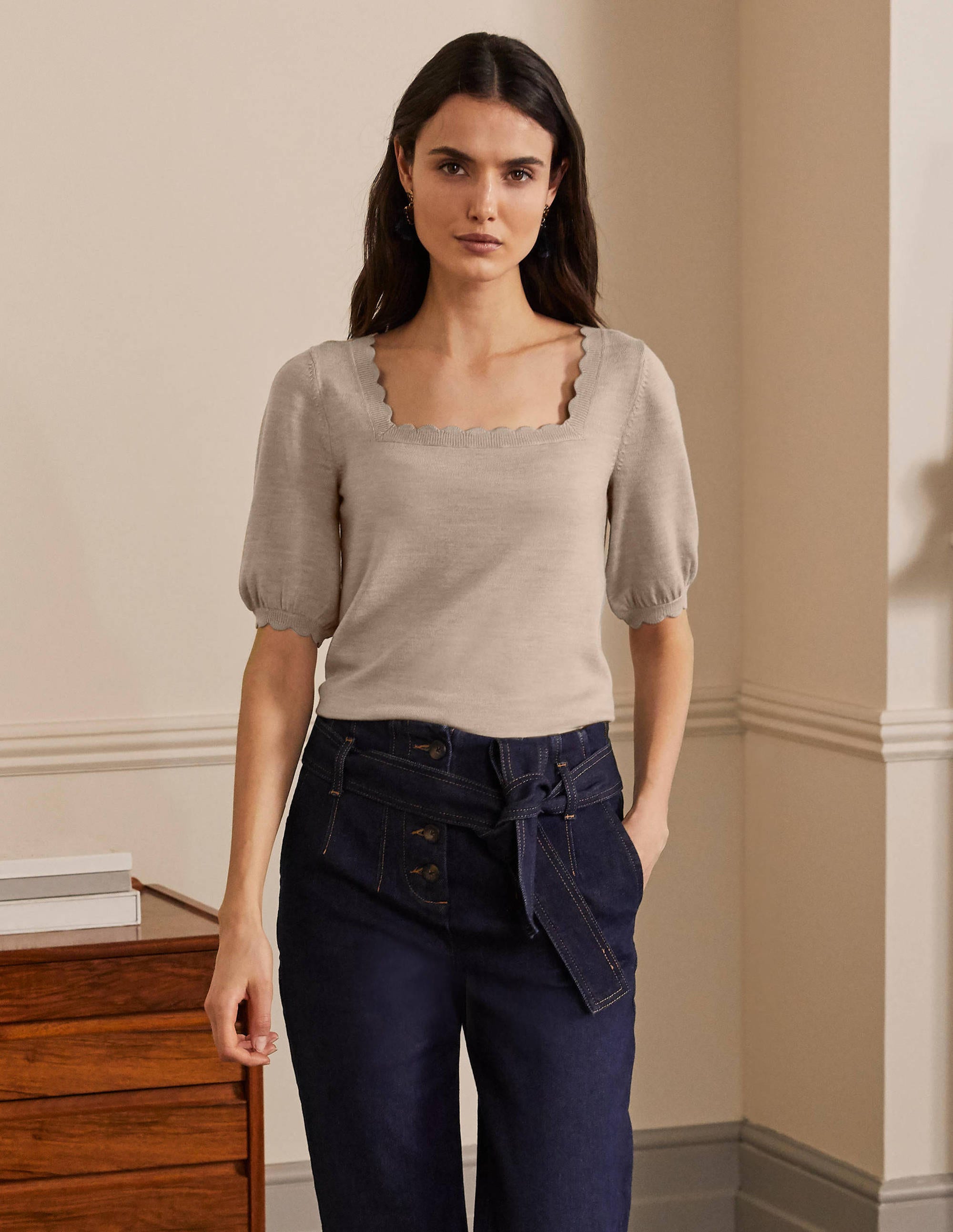 Merino Scallop Knitted Top-Mink Melange - Image 1