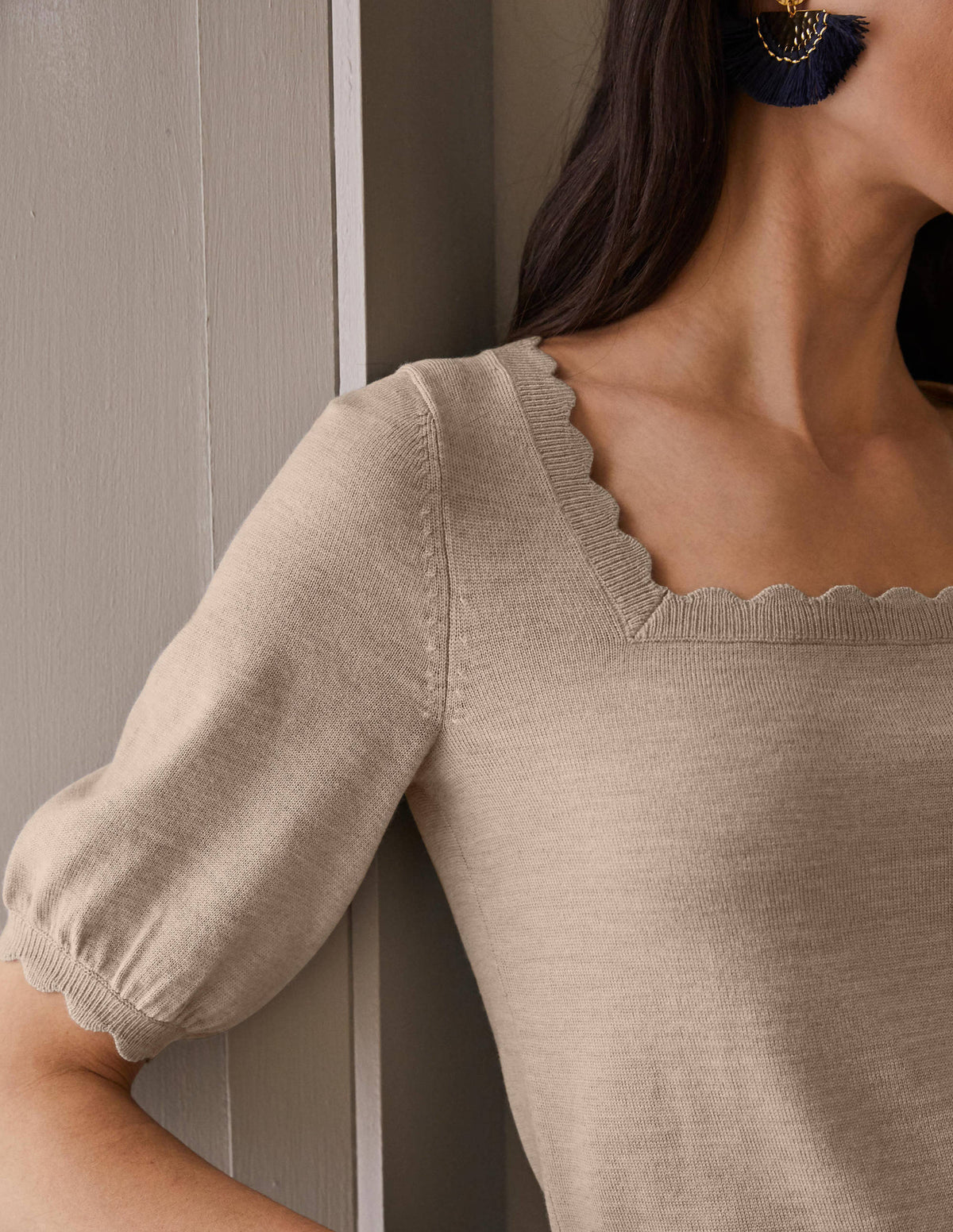Merino Scallop Knitted Top-Mink Melange - Image 2