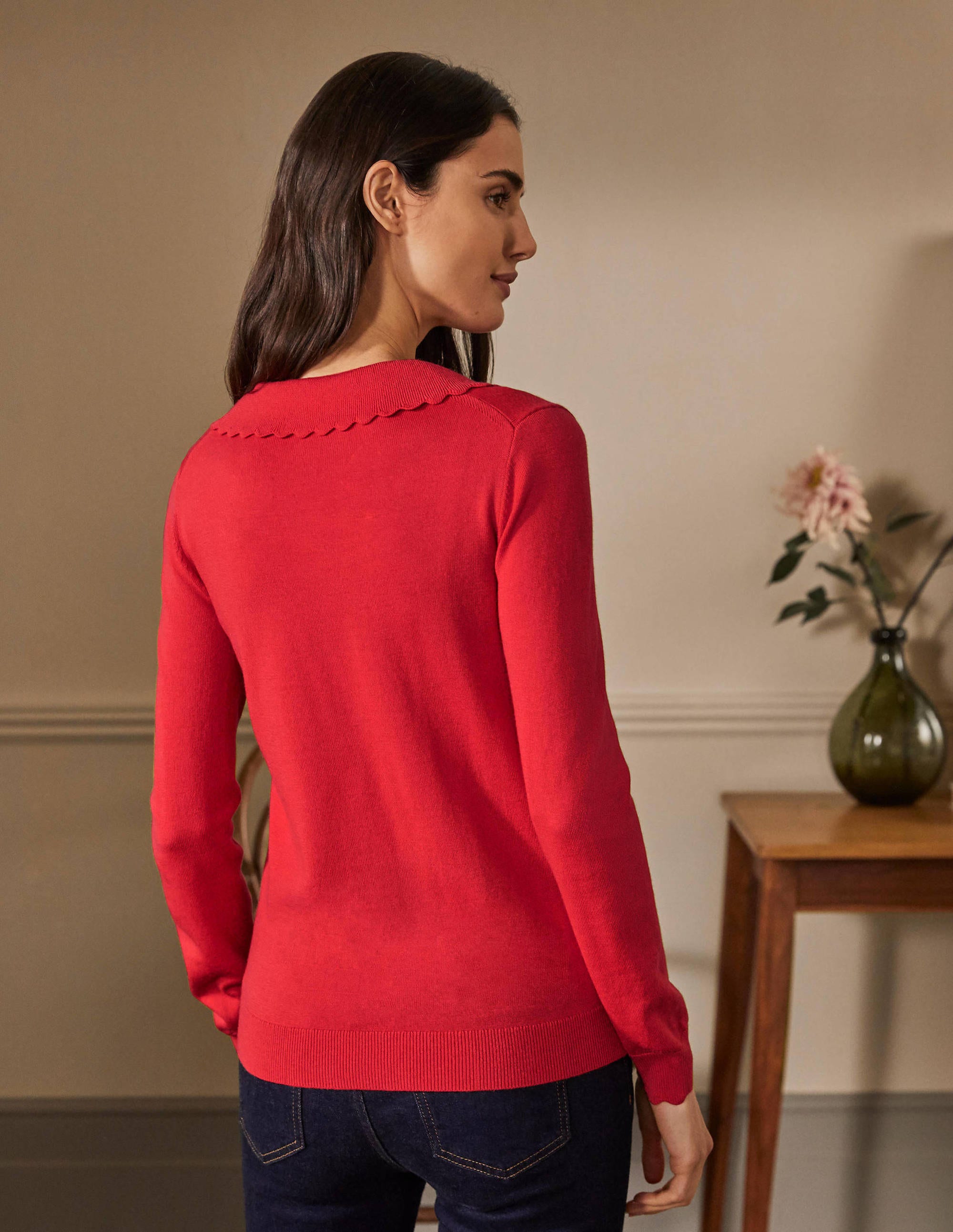 Merino Scallop Collar Jumper-Cherry Red - Image 3