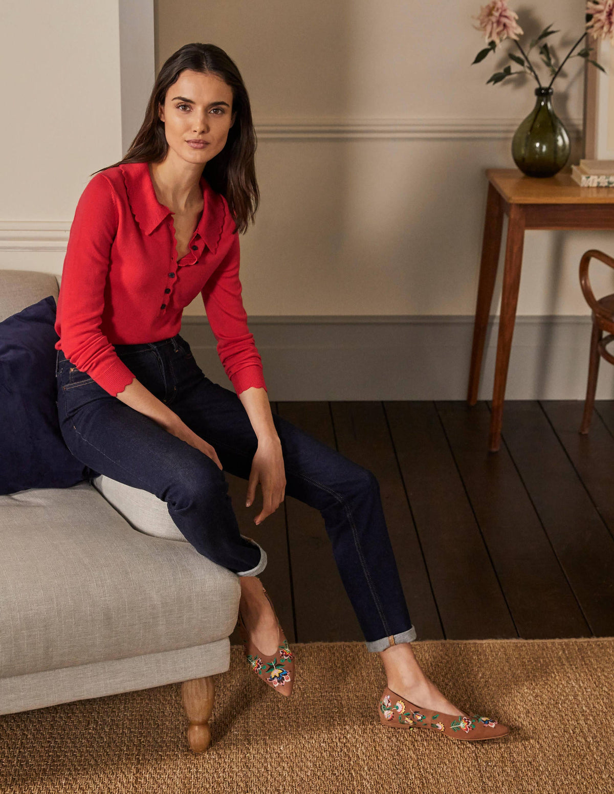 Merino Scallop Collar Jumper-Cherry Red - Image 4