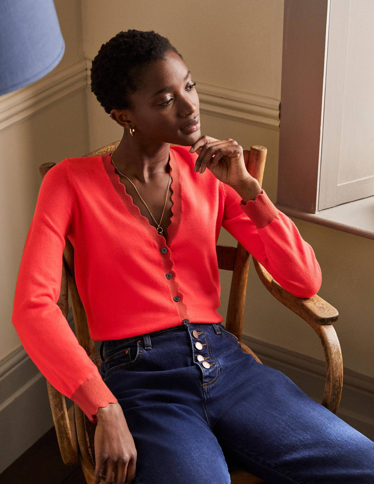 Merino Scallop Trim Cardigan-Cherry Red - Image 1