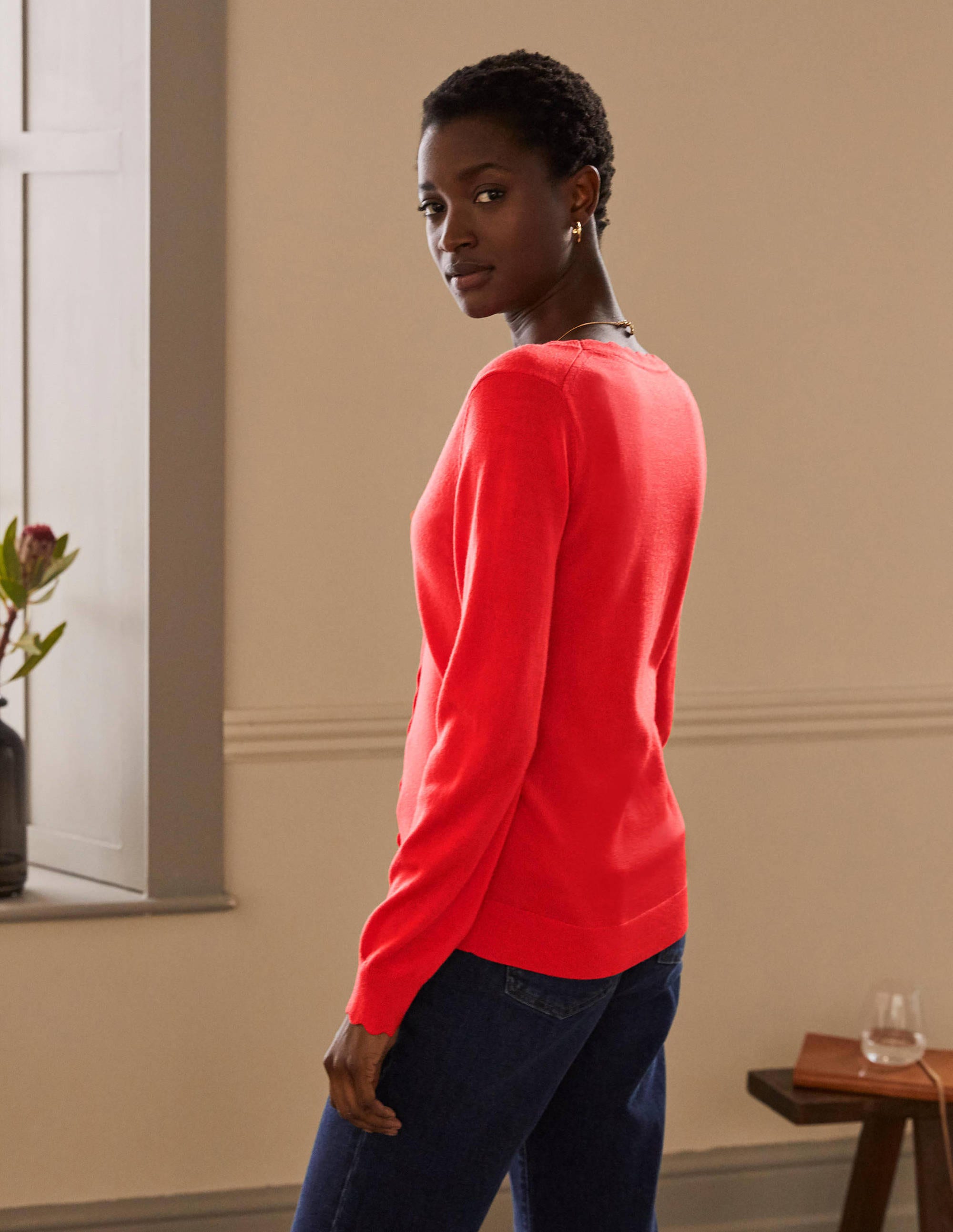 Merino Scallop Trim Cardigan-Cherry Red - Image 3