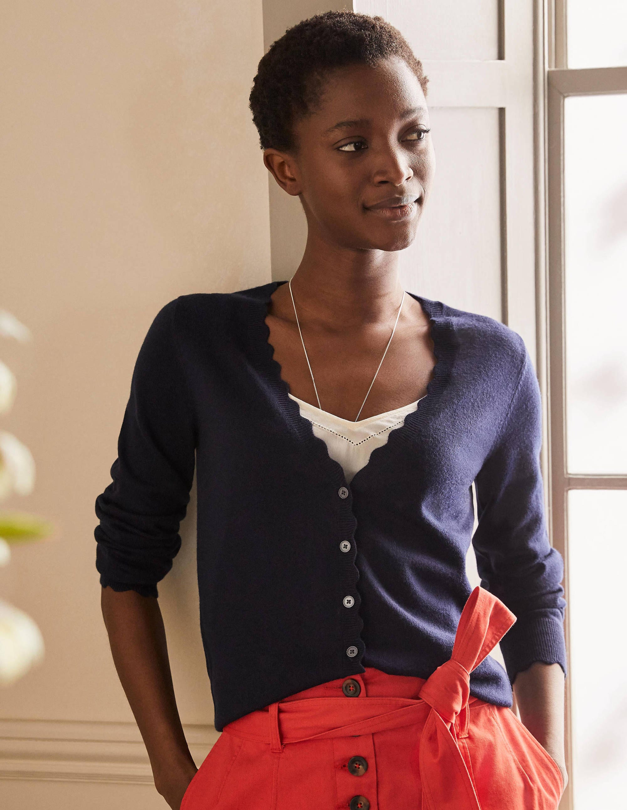 Merino Scallop Trim Cardigan-Navy - Image 1