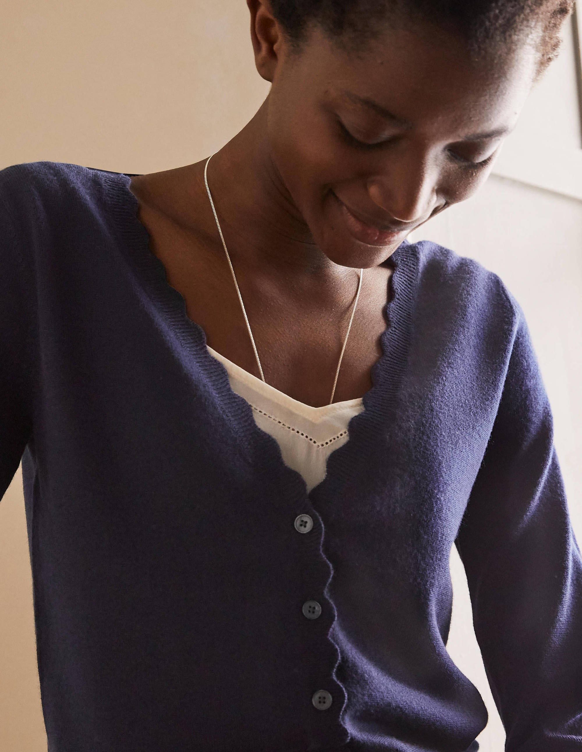 Merino Scallop Trim Cardigan-Navy - Image 2