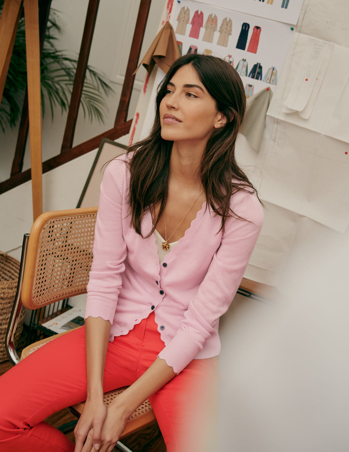 Merino Scallop Trim Cardigan-Coconut Ice - Image 5