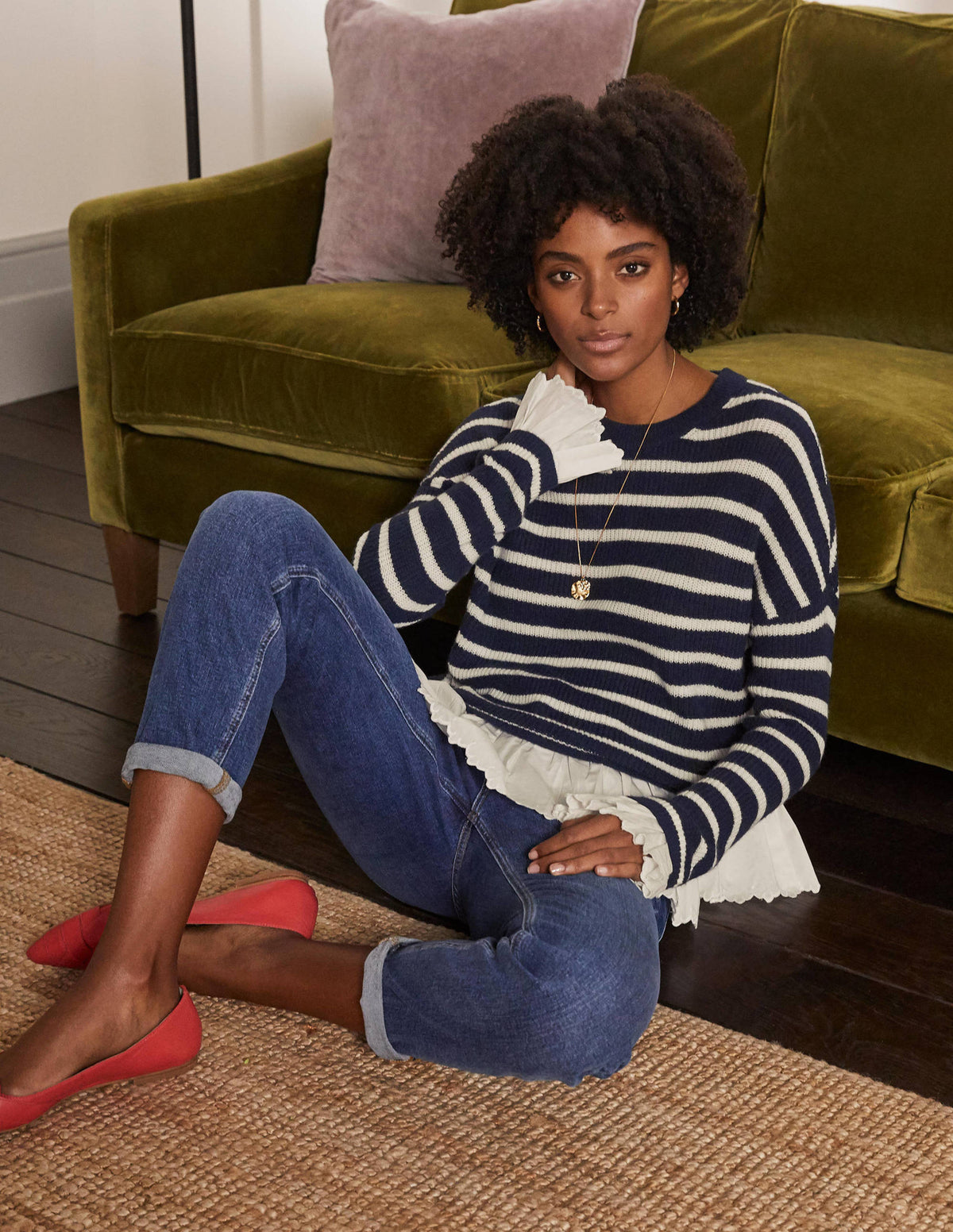 Catherine Woven Fluffy Jumper-Navy/Ivory Stripe - Image 1