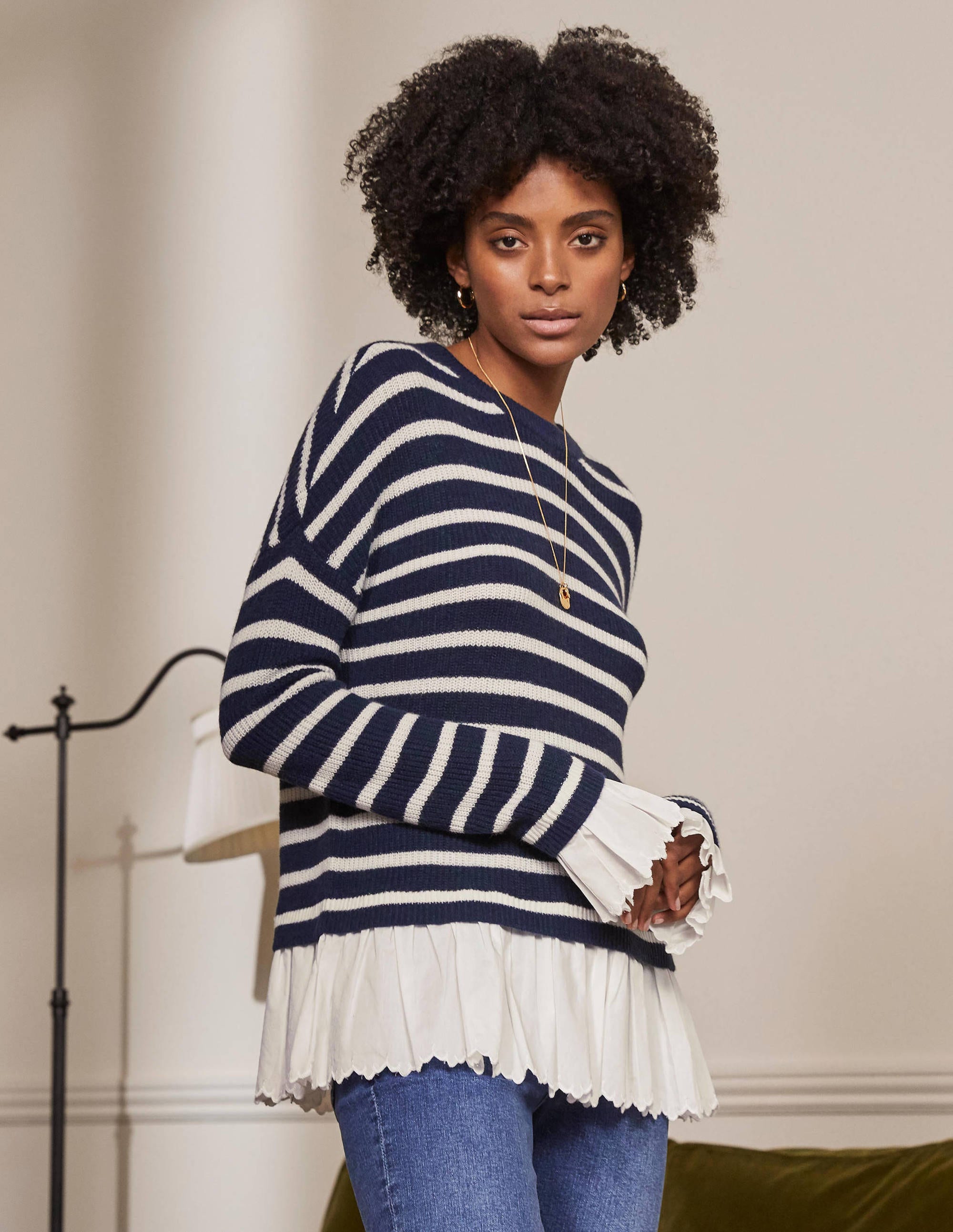 Catherine Woven Fluffy Jumper-Navy/Ivory Stripe - Image 4