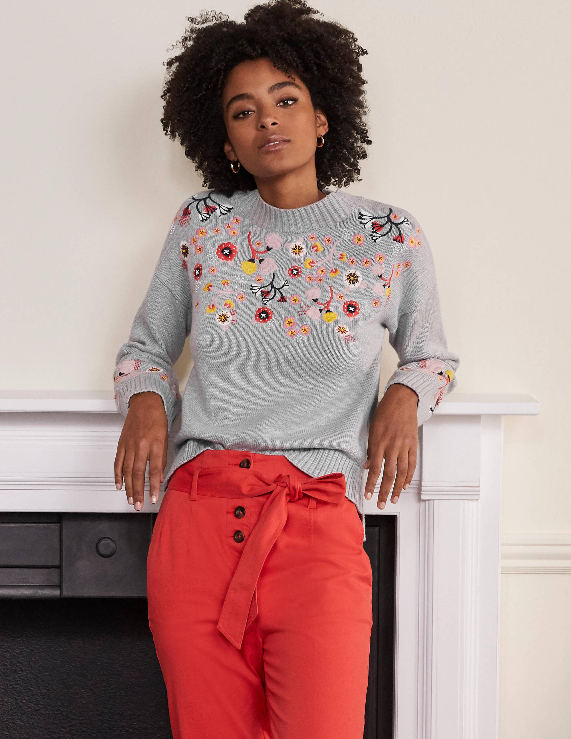 Embroidered Relaxed Jumper-Silver Melange - Image 1