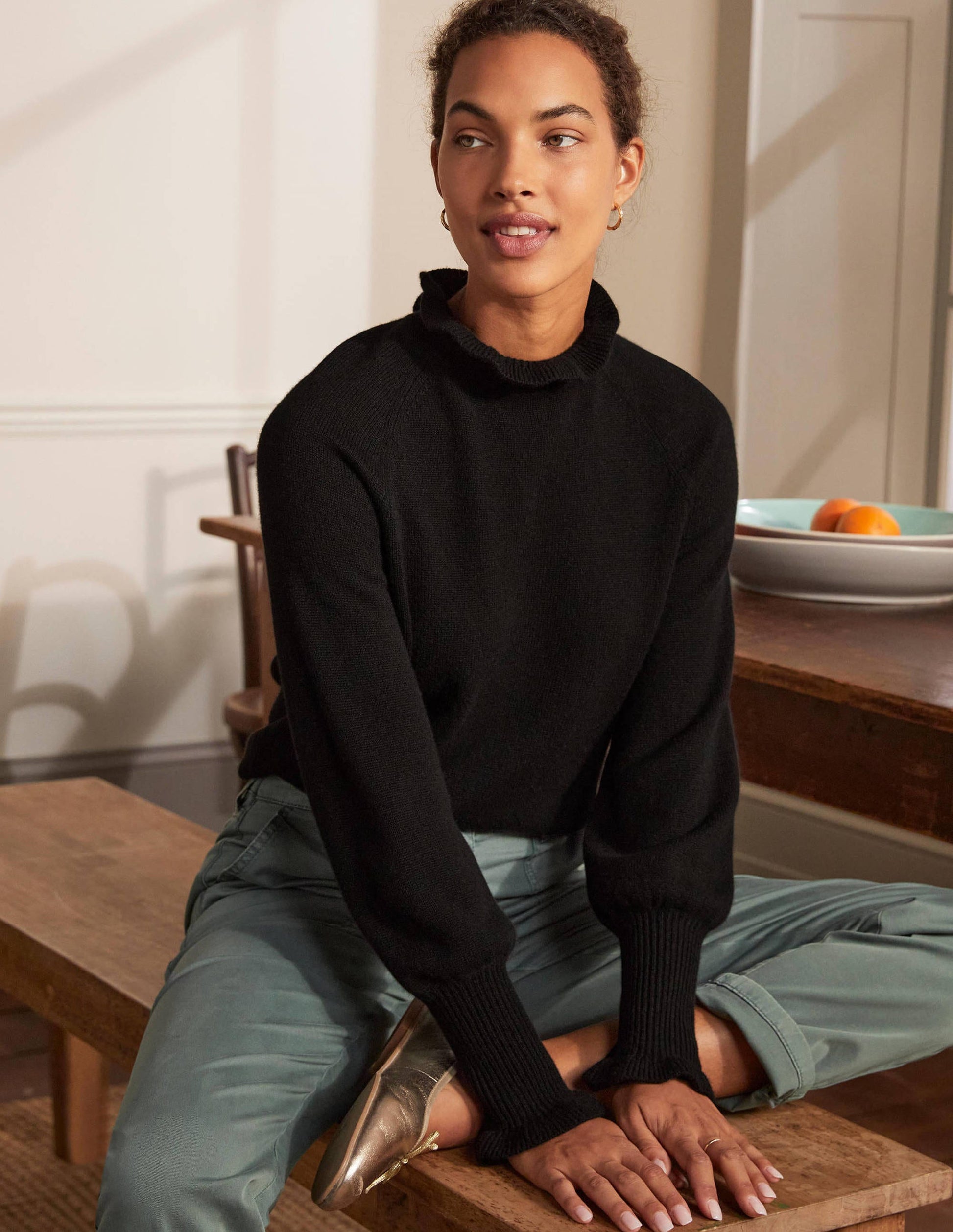 Cashmere Frill Neck Jumper-Black-1