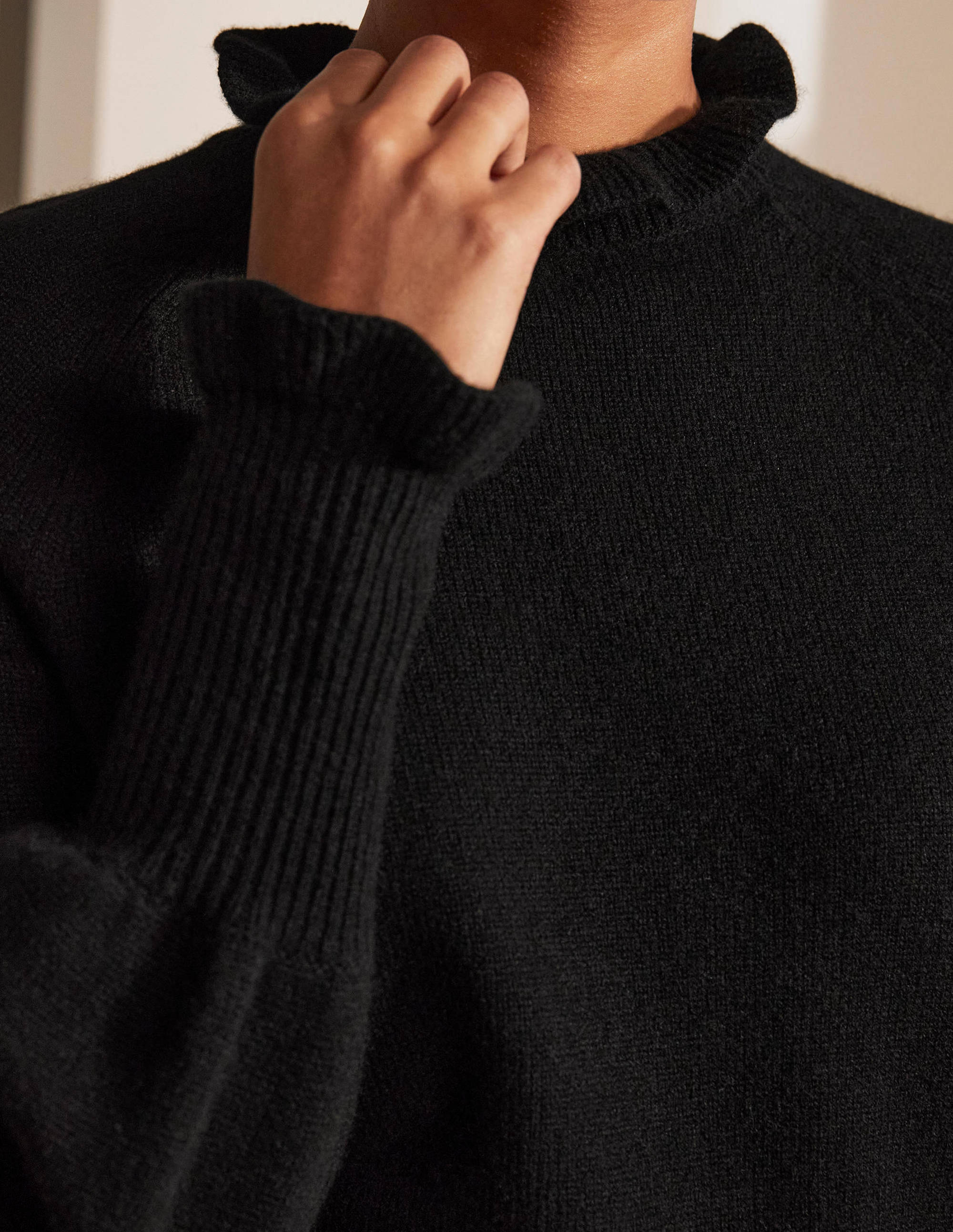 Cashmere Frill Neck Jumper-Black - Image 2