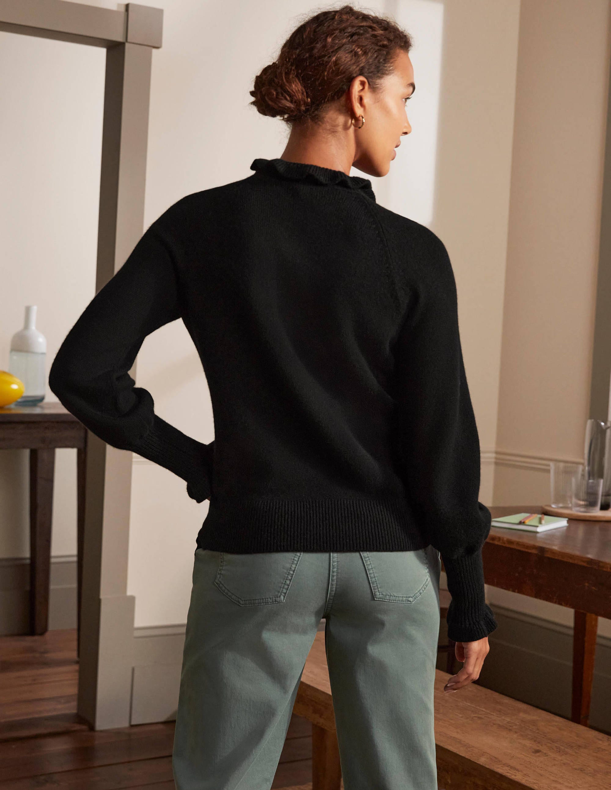 Cashmere Frill Neck Jumper-Black - Image 3