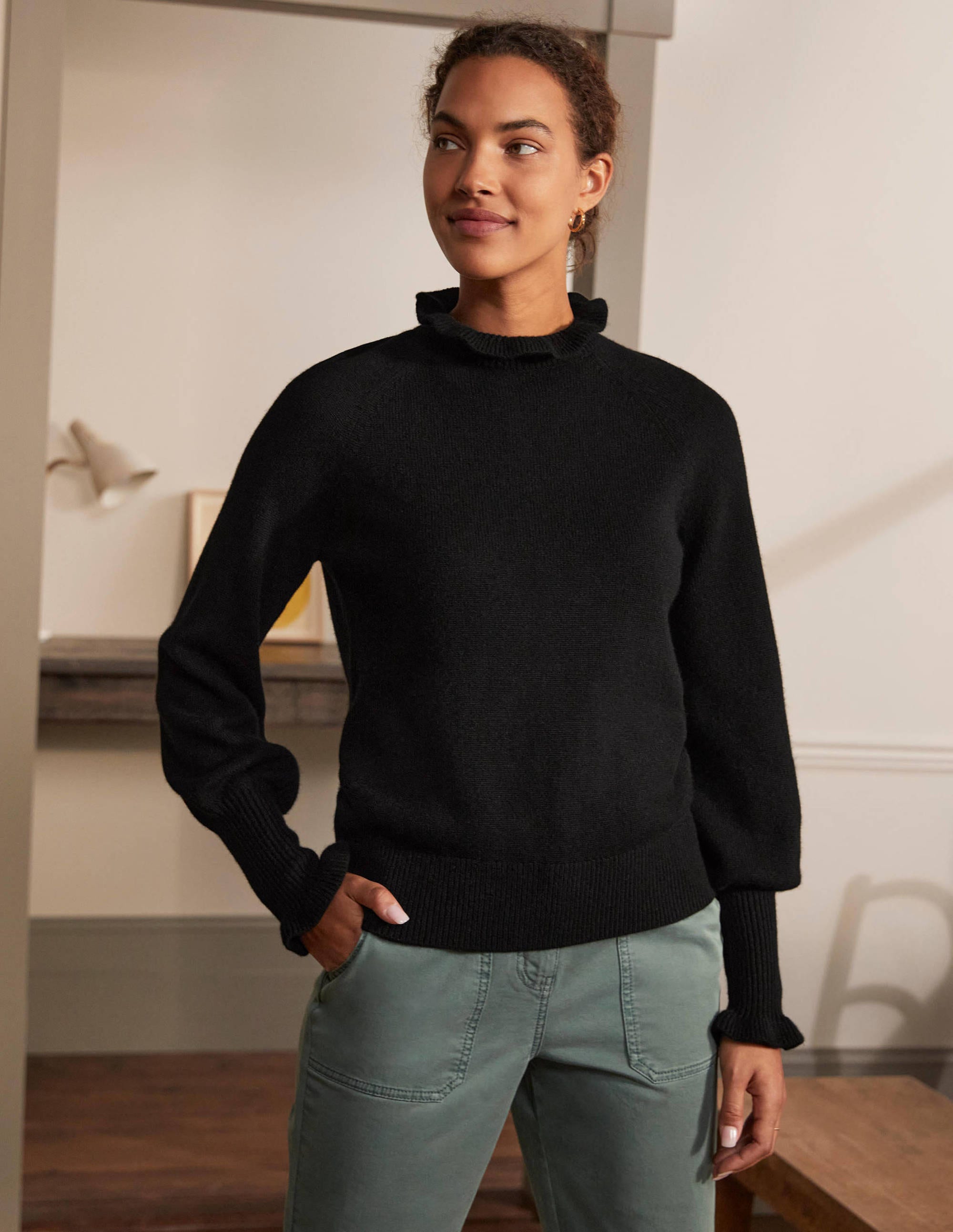 Cashmere Frill Neck Jumper-Black - Image 4