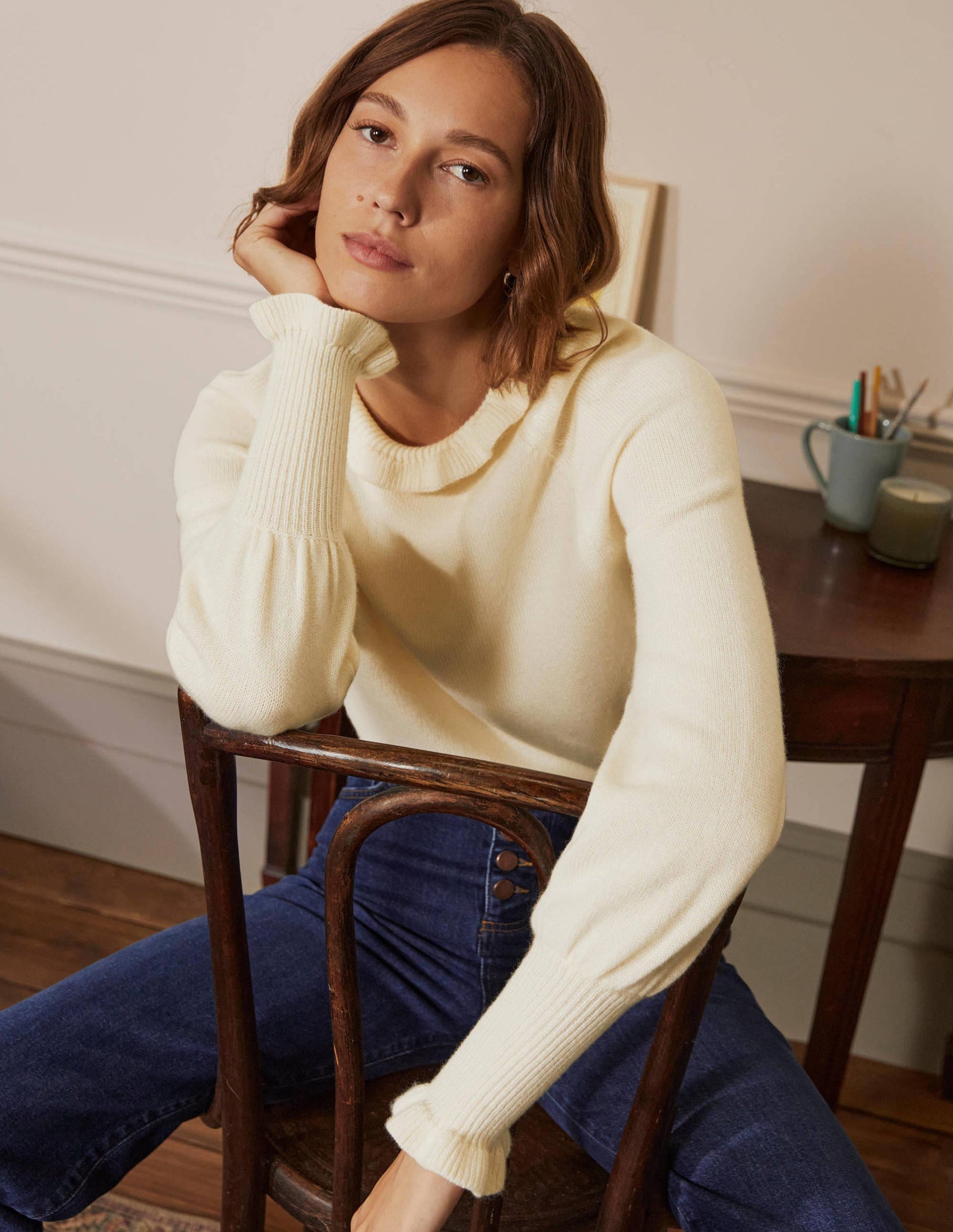 Cashmere Frill Neck Jumper-Ivory-1