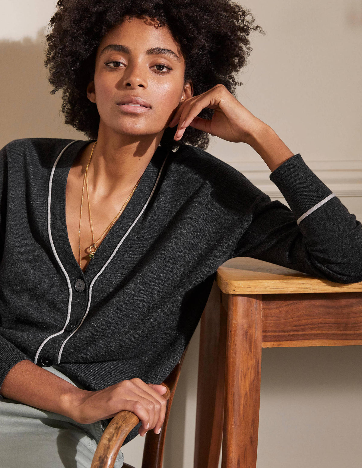 V-neck Relaxed Cardigan-Charcoal Melange-1