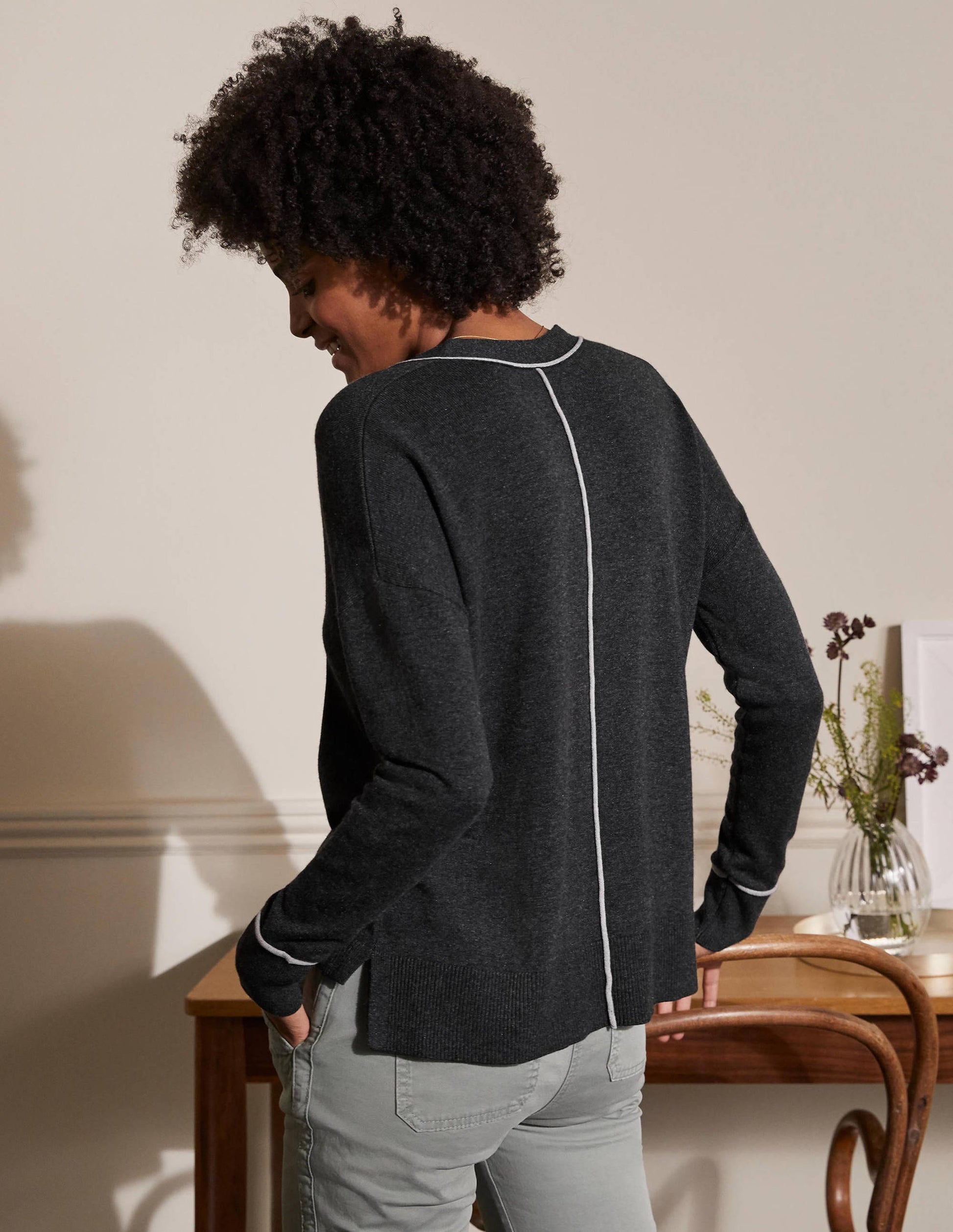 V-neck Relaxed Cardigan-Charcoal Melange-3